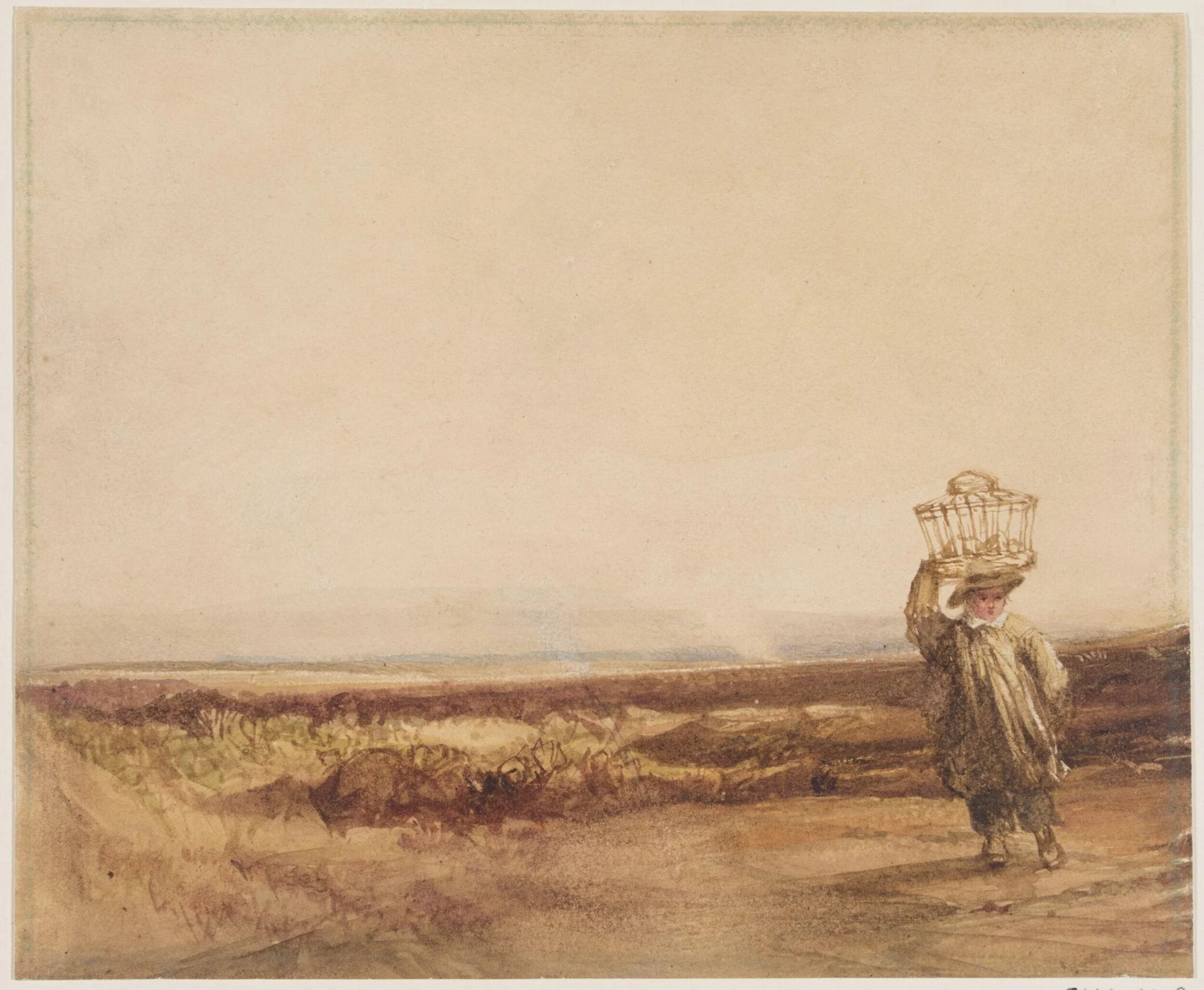 A boy carrying a basket on his head in a moorland landscape, by Luke Clennell, 1781