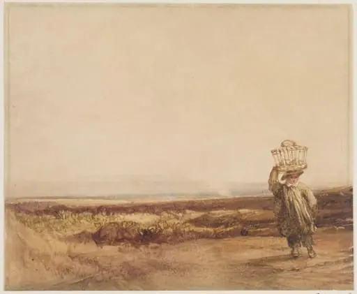 A boy carrying a basket on his head in a moorland landscape