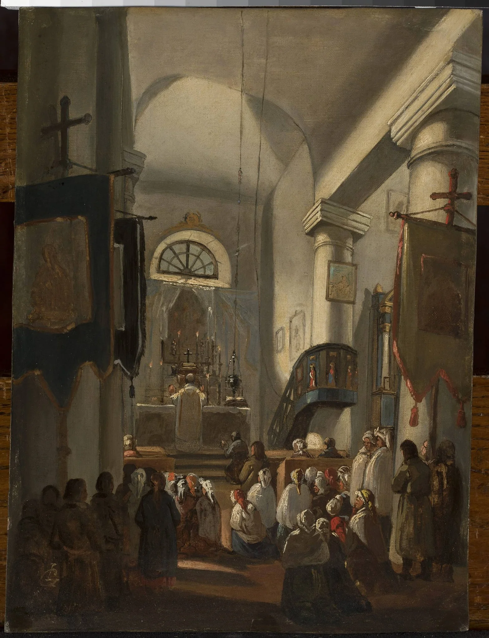 Church interior with staffage