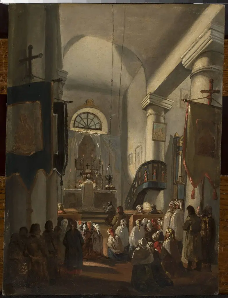 Church interior with staffage