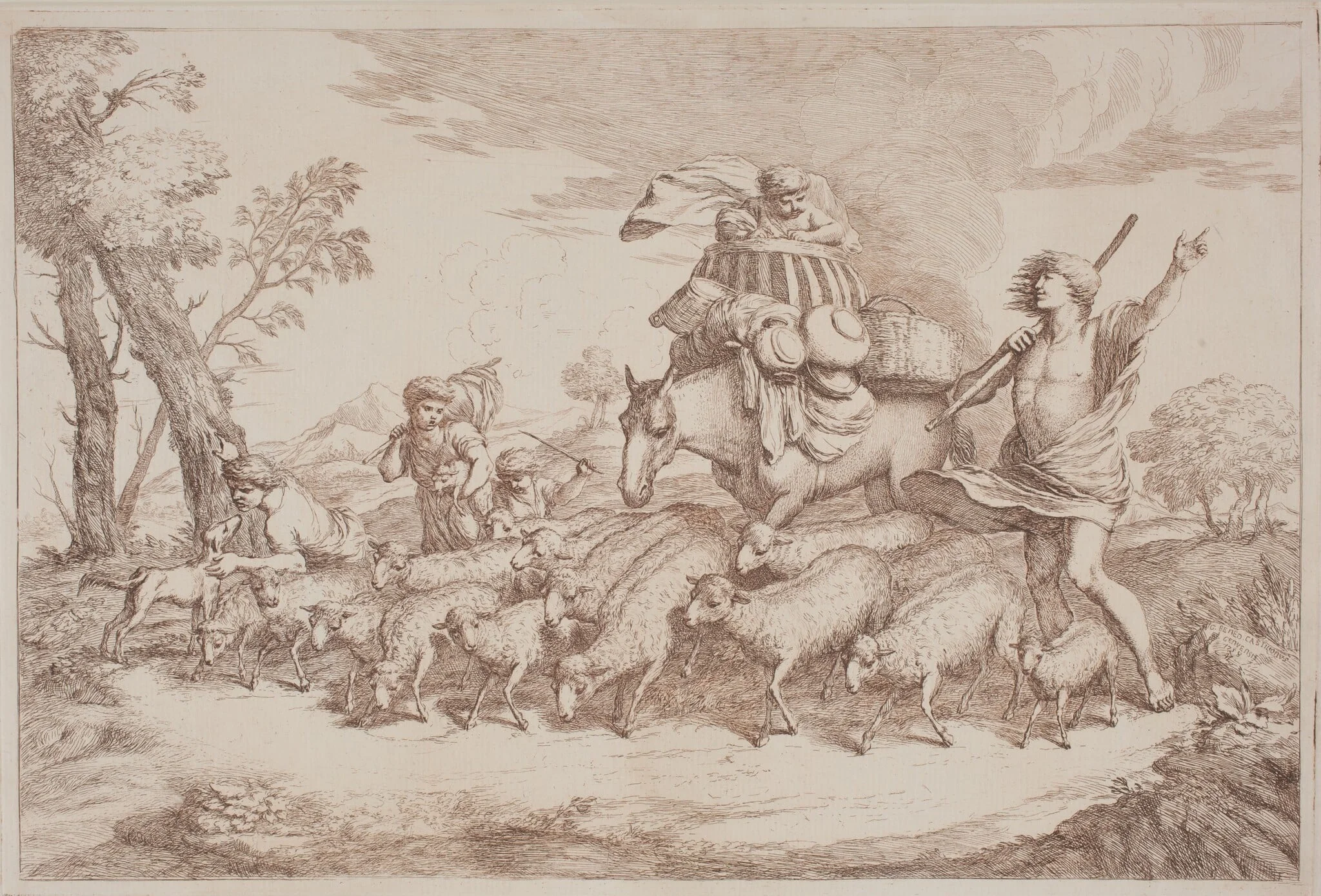 A Pastoral Journey with a Child in a Basket on Horseback, by Gaetano Zompini, ink, 1758