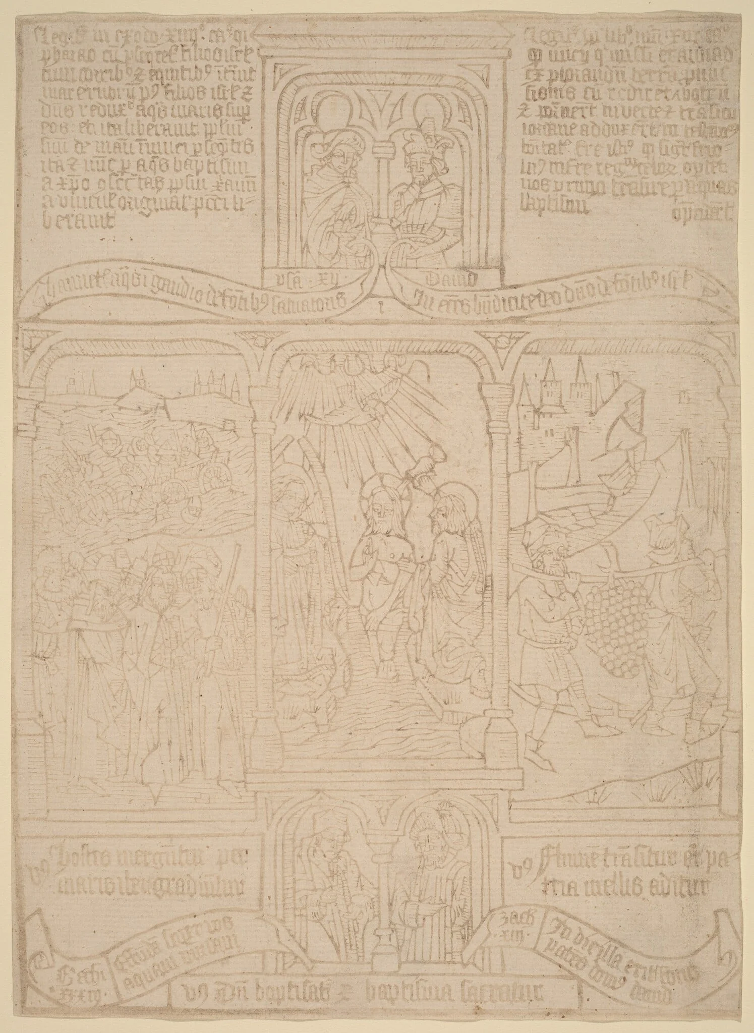 The Baptism of Christ; Pharoah Passing through the Red Sea; Joshua and Caleb, by Netherlandish 15th Century, ink, 1465
