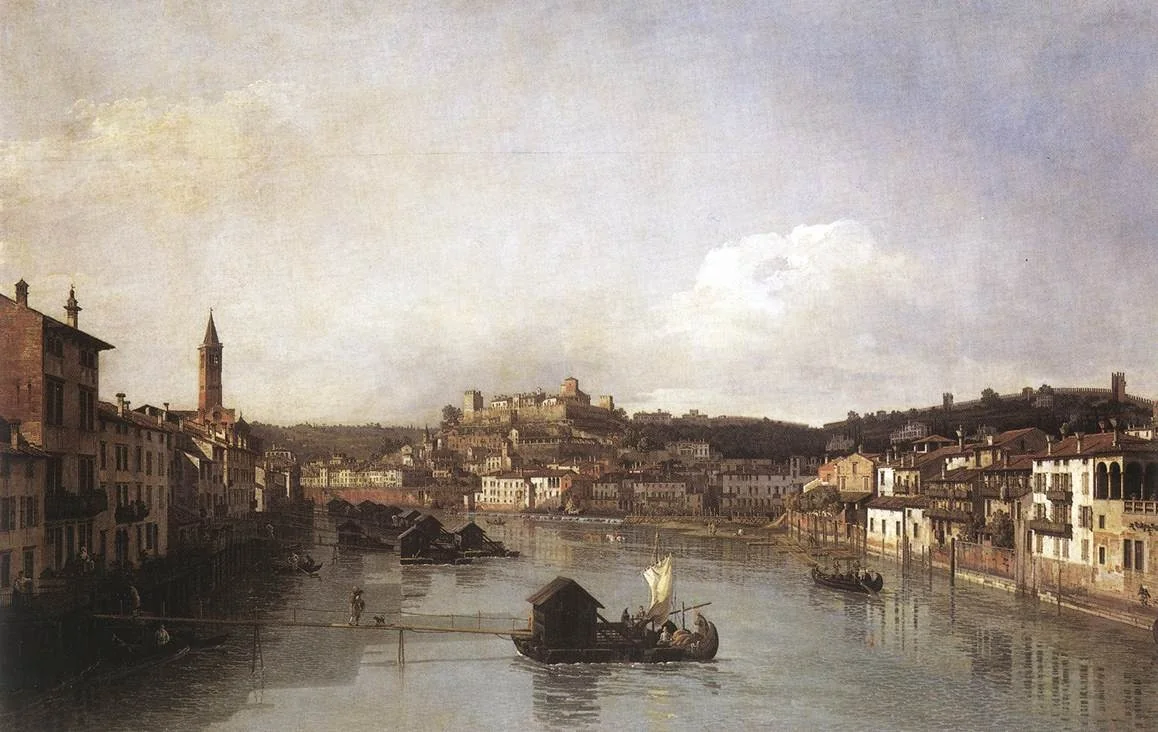 View of Verona and the River Adige from the Ponte Nuovo, by Bernardo Bellotto, oil, 1746