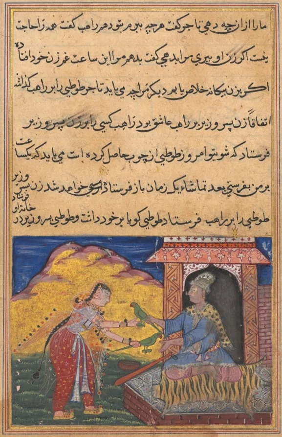 The wife of the son of the vizier brings the magic wooden parrot to her lover, the monk, who exchanges it for the replica, from a Tuti-nama (Tales of a Parrot): Tenth Night