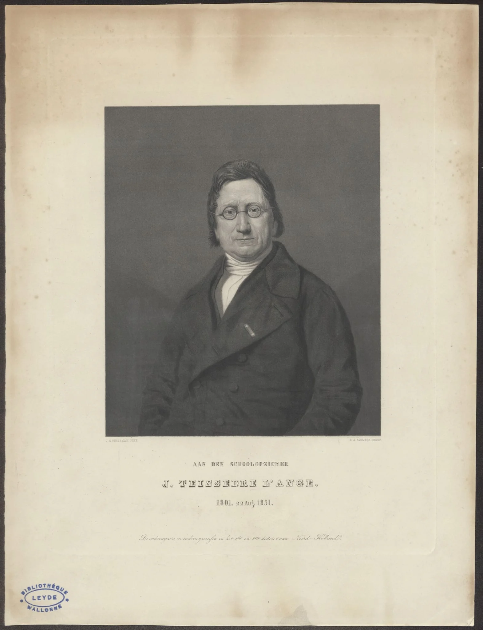 Portrait of J. Teissedre l'Ange, school intendant, by Sluyter, D.J.,, unspecified, 1850