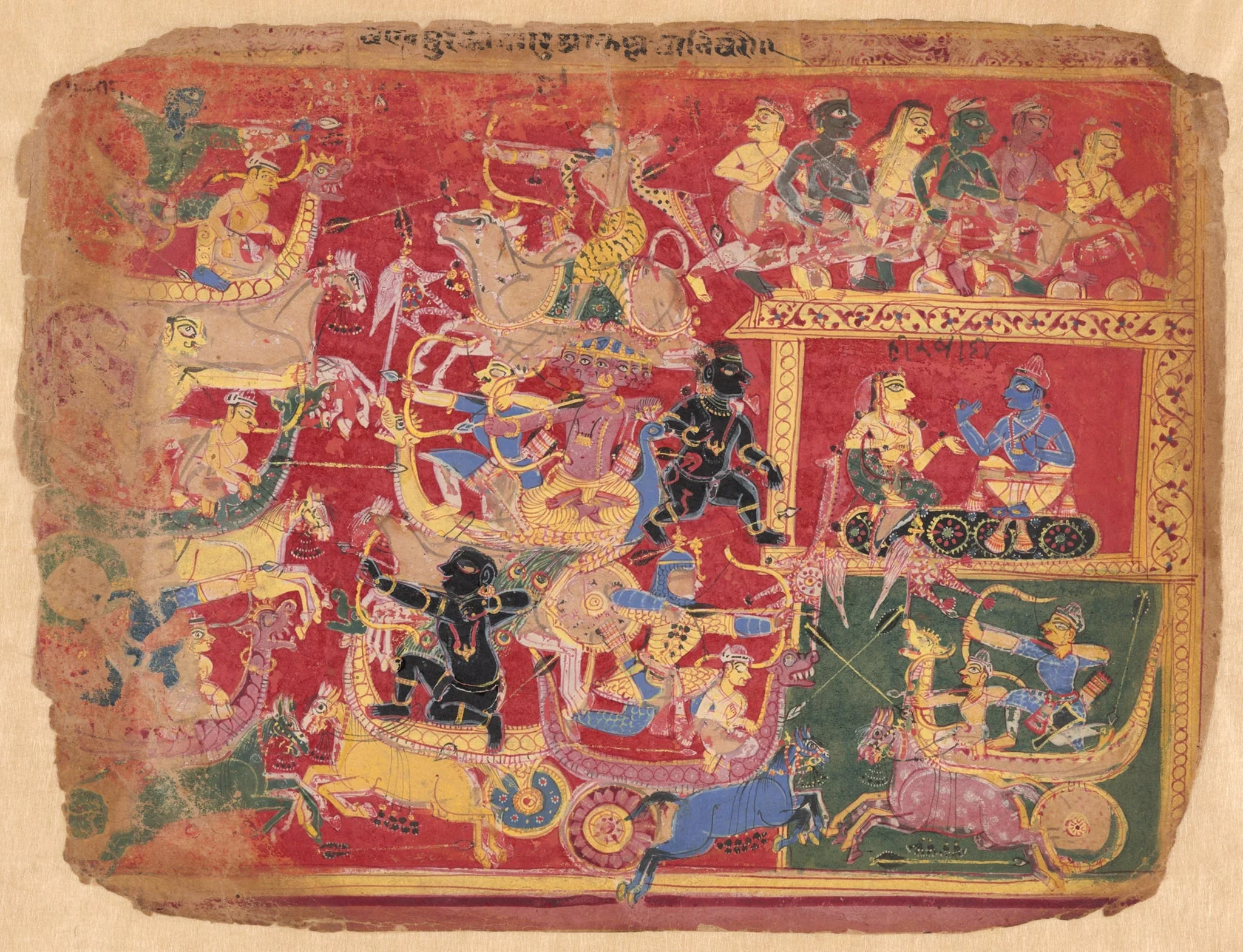 Battle of the Forces of Krishna and Bana, from a copy of the Dispersed Bhagavat Purana, by Unknown, watercolor, 1525