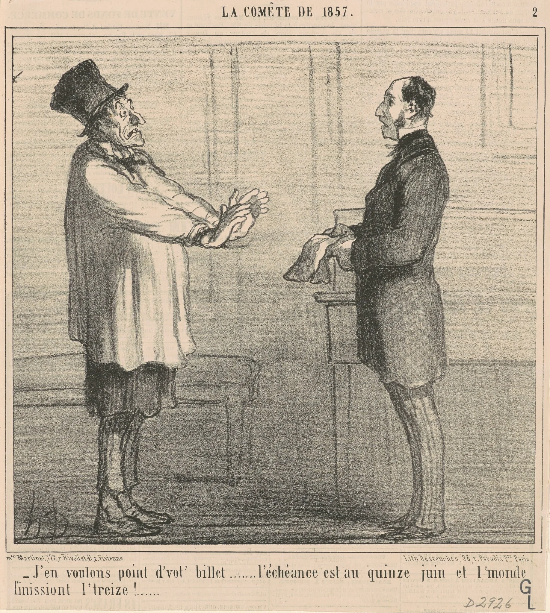 J'en voulons point d'vot' billet ..., by Honoré Daumier, ink, 1857