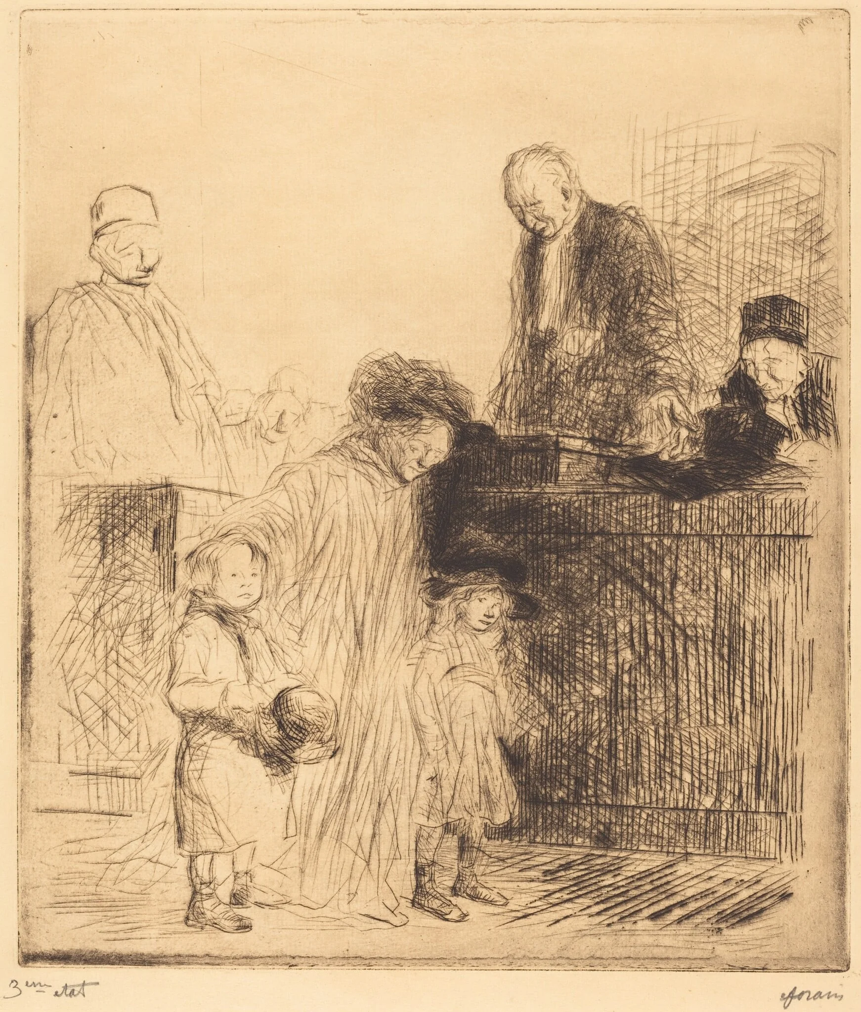 La sortie de l'audience (1ère planche) (Coming Out of the Hearing) (first plate), by Jean-Louis Forain, ink, 1909