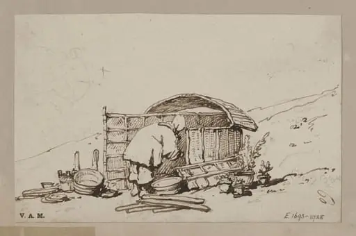 A boatwoman entering a beach dwelling