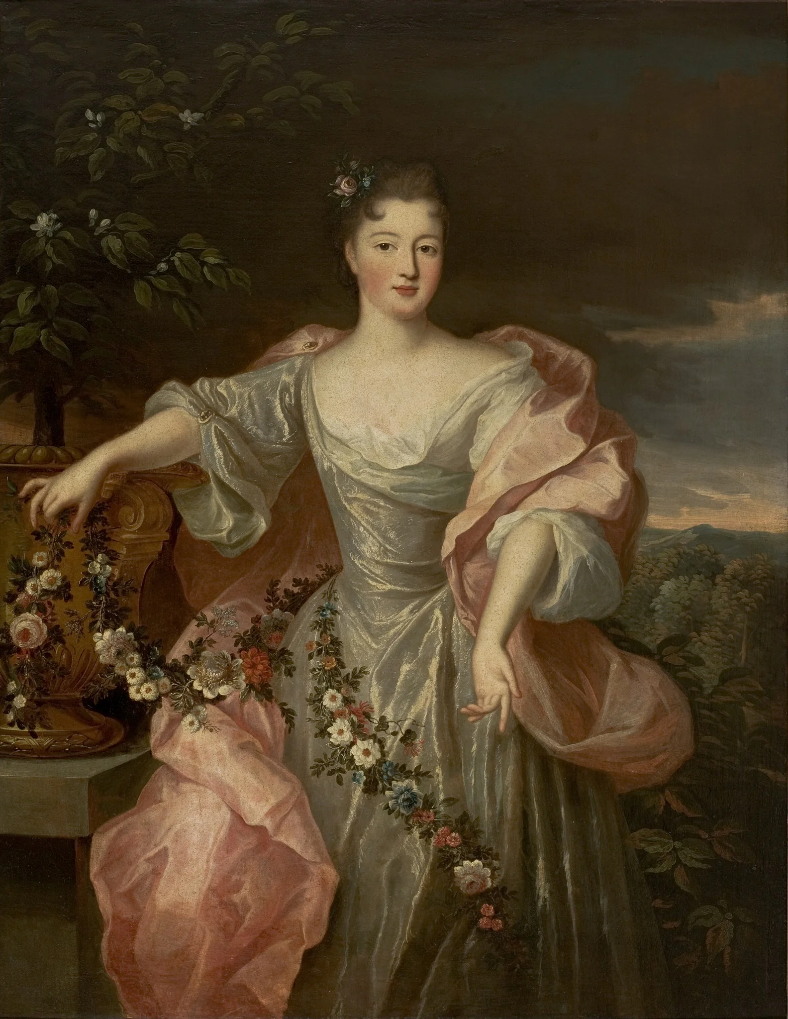 Portrait of a Bride with Flowers (Charlotte Aglaé d'Orléans, called Mademoiselle de Valois?), by Pierre Gobert, oil, 1720