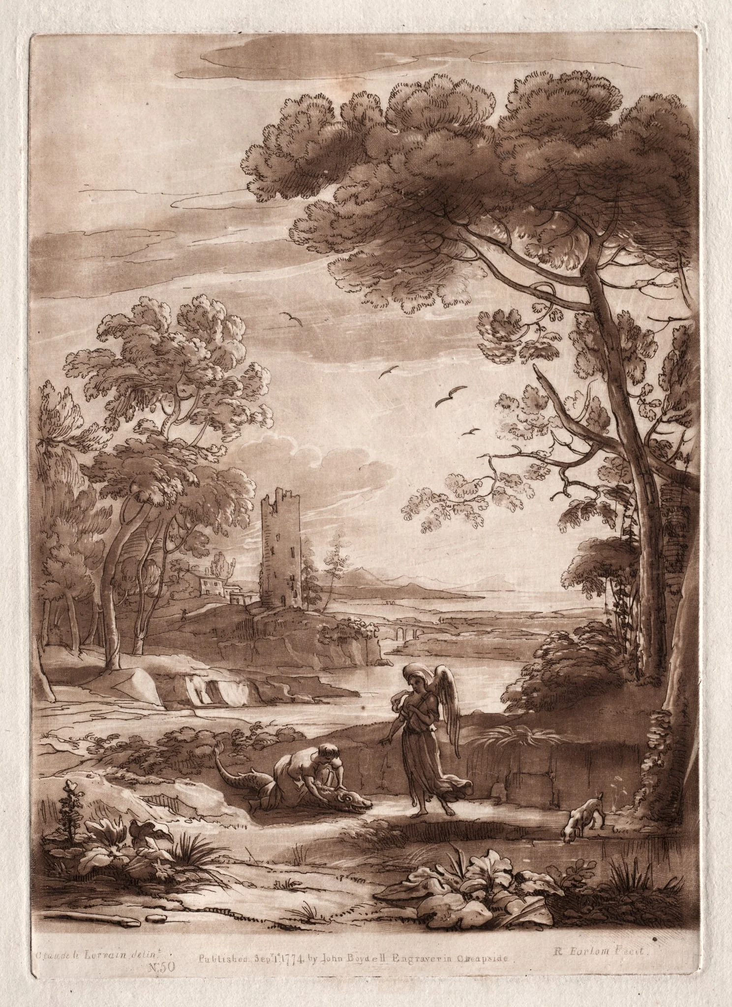 Liber Veritatis:  No. 50, A River Scene with Tobias and the Angel, by Richard Earlom, 1774