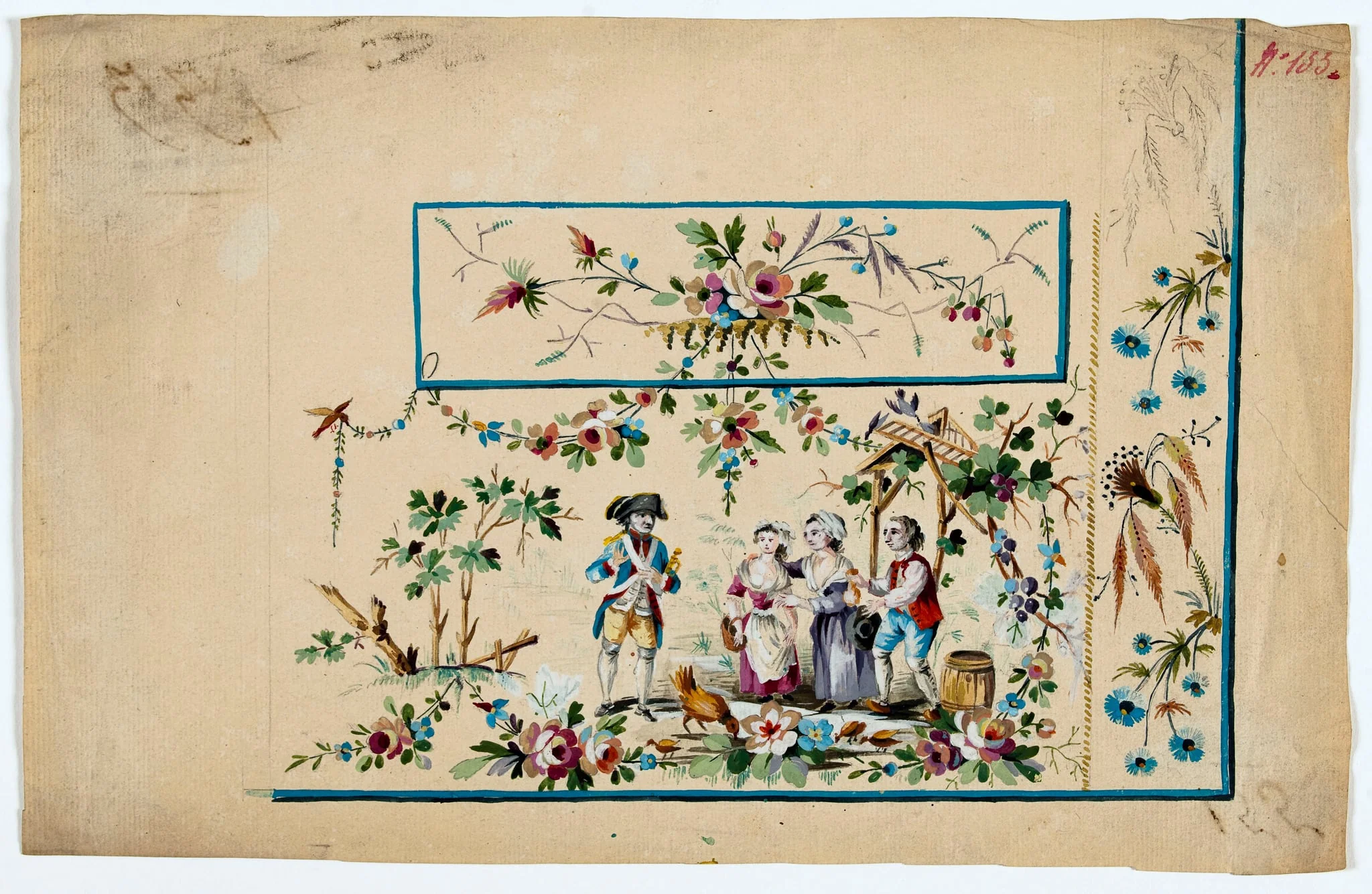 Gilet décor Louis Gillet parlant avec 2 paysans et leur fille, projets de broderies de gilet, XVIIIème siècle, by Anonyme, 1785