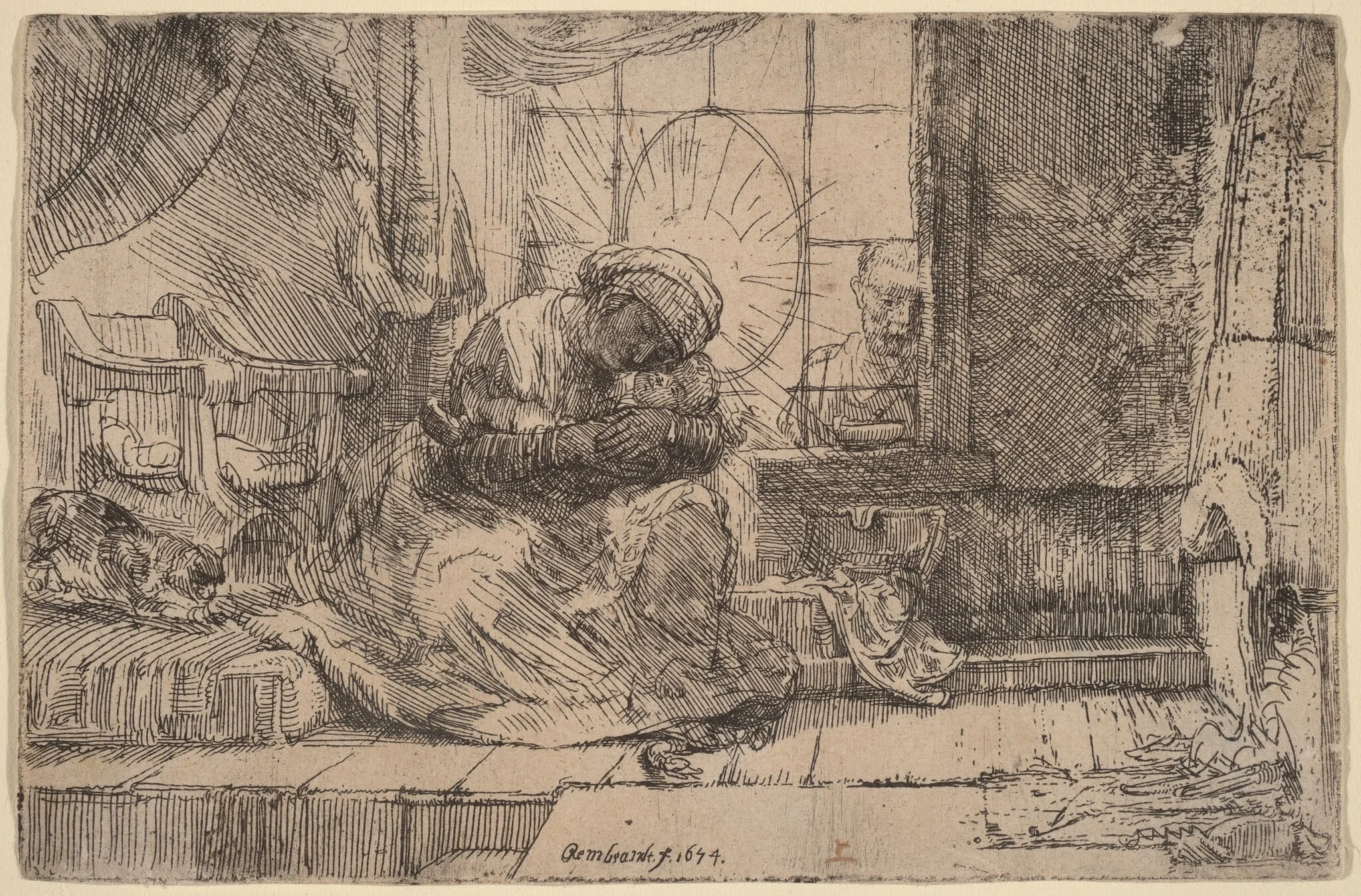 The Virgin and Child with the Cat and Snake, by Rembrandt, ink, 1654