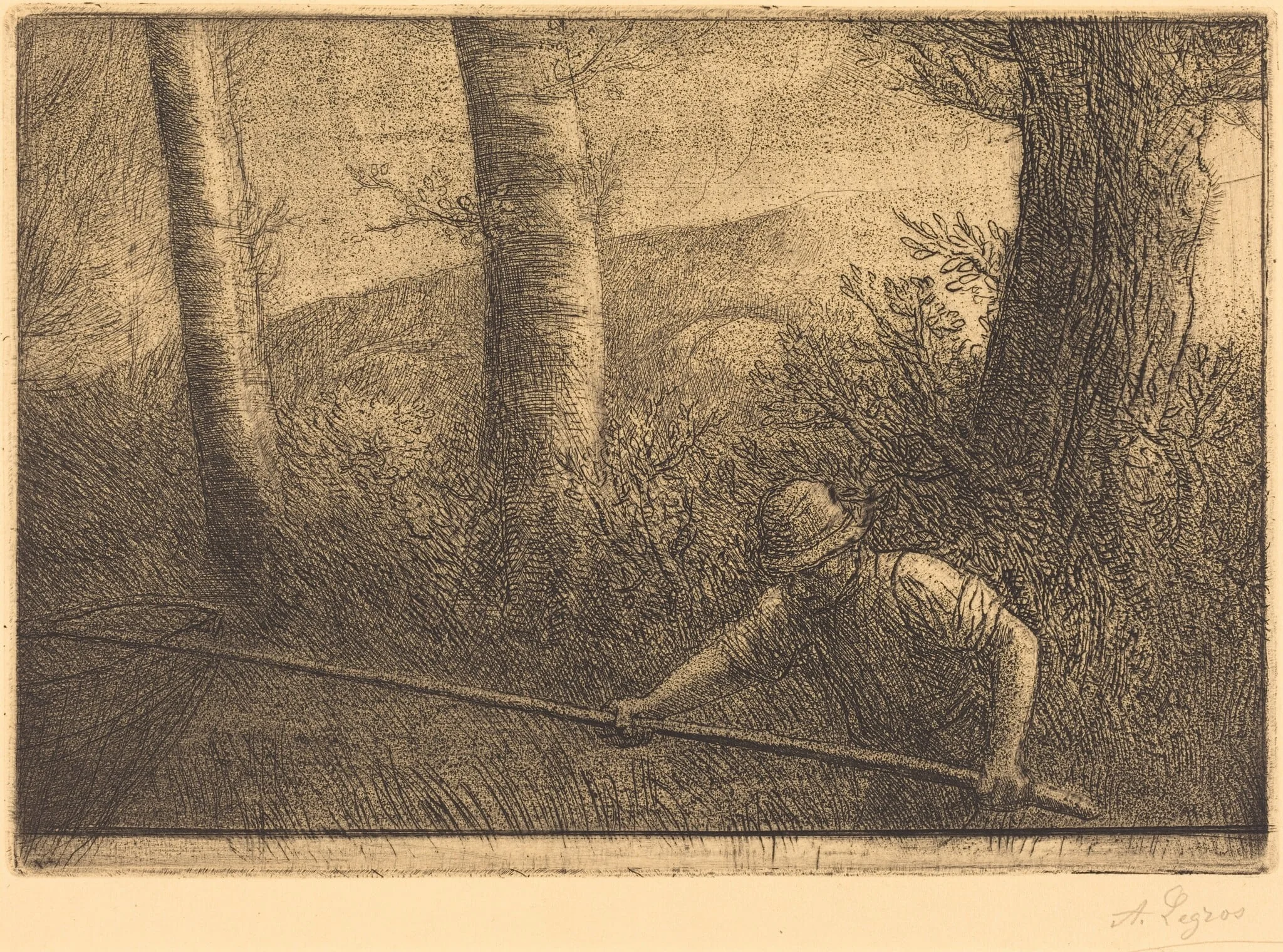 Fisherman with a Hoop-net (La peche a la truble), by Alphonse Legros, ink, 1874