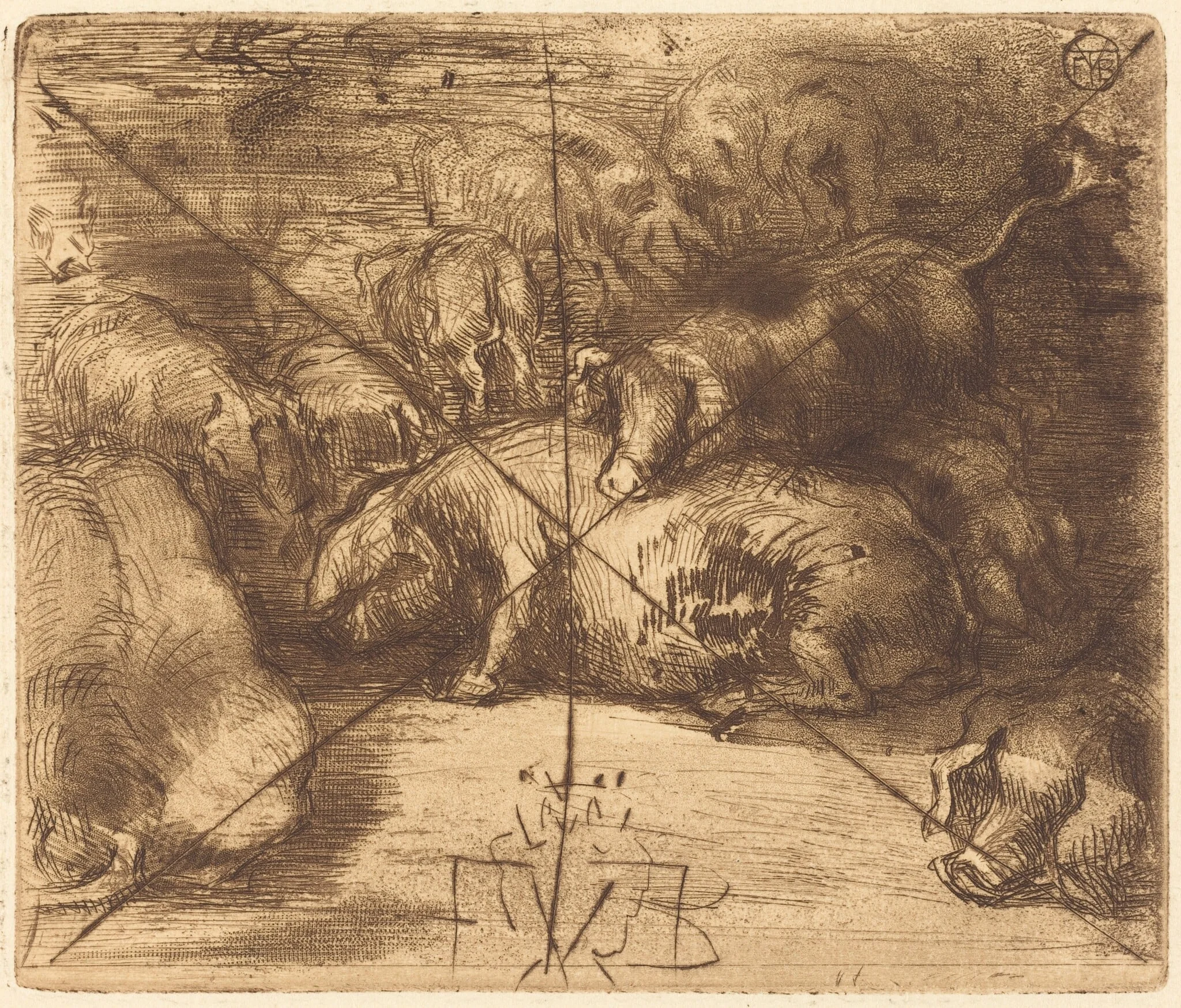 Cochons au Soleil (Pigs in the Sun), by Félix-Hilaire Buhot, ink, 1878