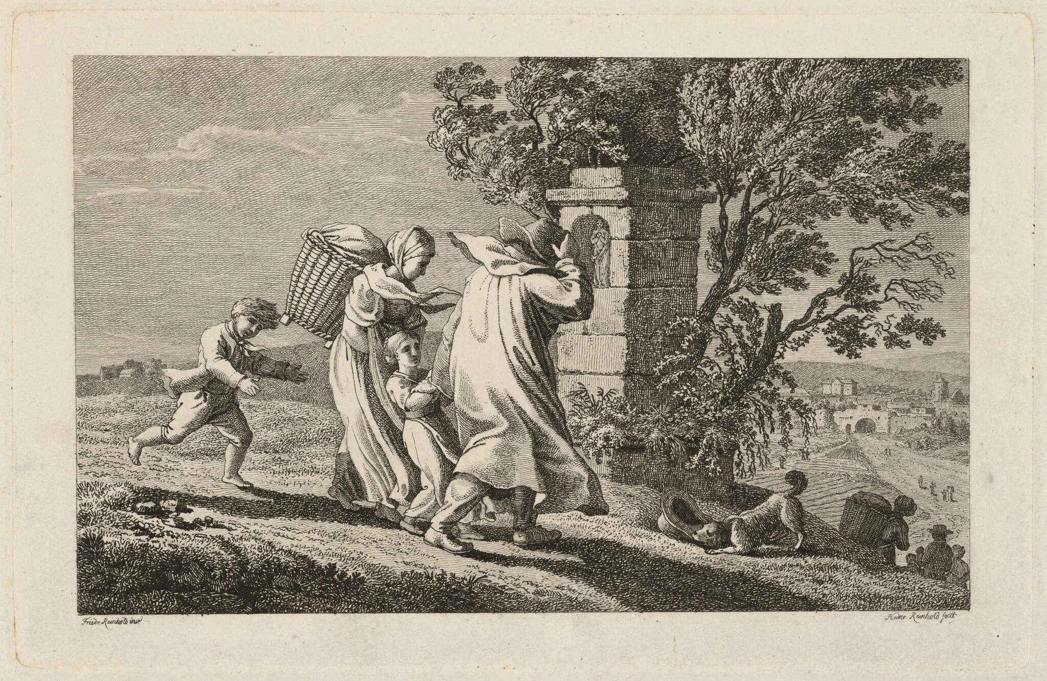 A Peasant Family Hurrying Past a Wayside Shrine in a Storm, by Heinrich Carl Reinhold, ink, 1816