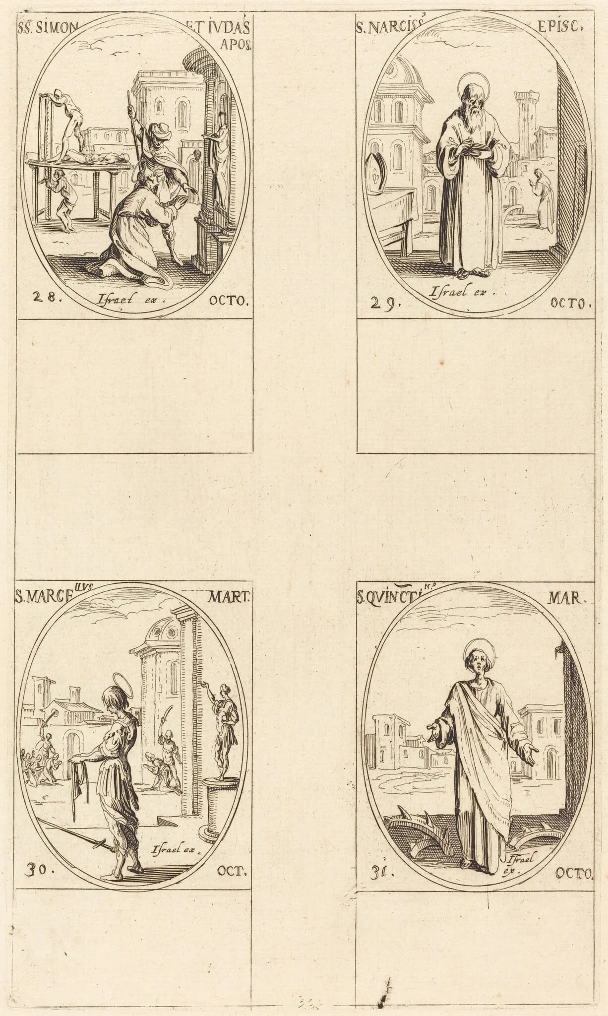 Sts. Simon and Jude, Apostles; St. Narcissus; St. Marcellus; St. Quintin, by Jacques Callot, ink, 1634