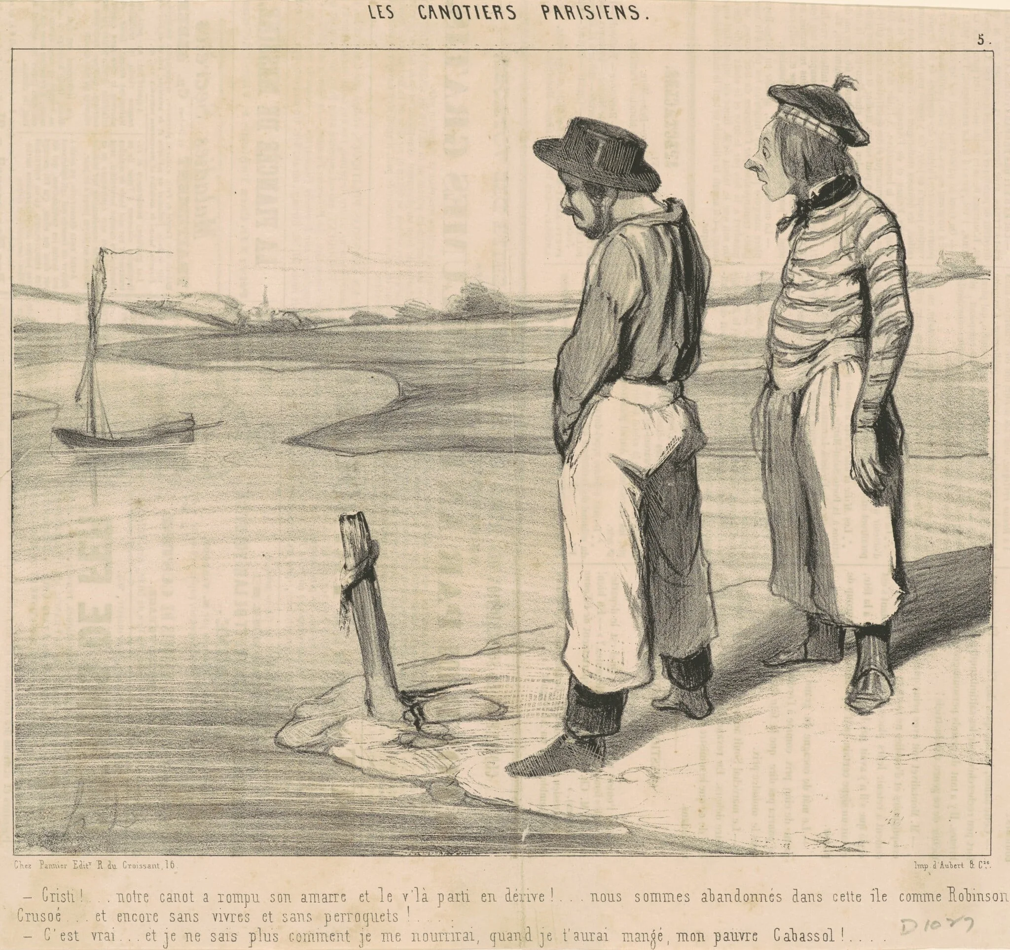 Cristi! ... Notre canot a rompu son amarre ..., by Honoré Daumier, ink, 1843