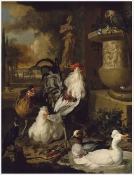 Birds with Urn in a Landscape, by Dirk Valkenburg, oil, 1700