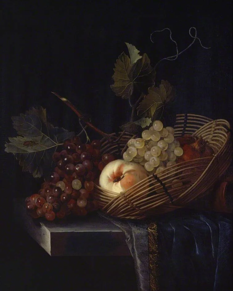 Still Life of a Peach and Grapes, by Abraham de Lust, oil, 1655