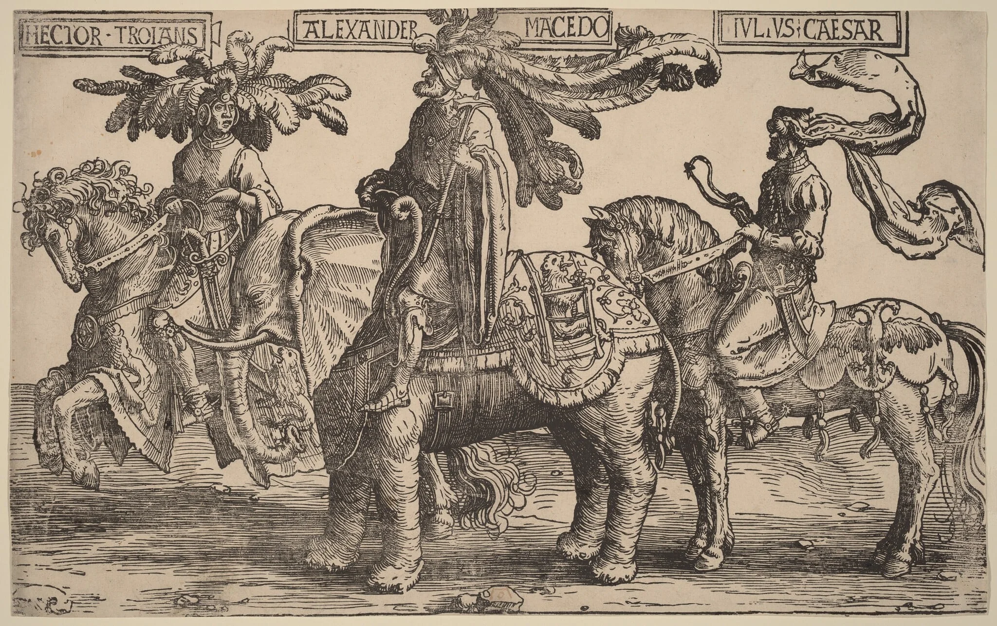 Hector of Troy, Alexander of Macedon, Julius Caesar, by Lucas van Leyden, ink, 1516