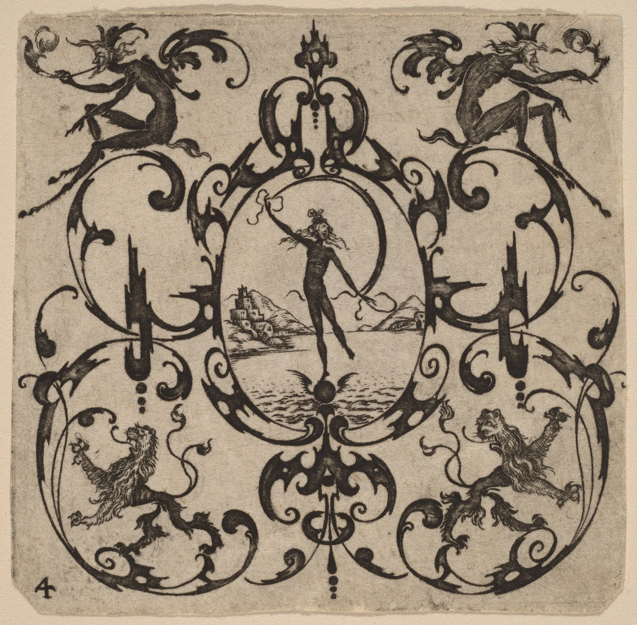 Ornament with Grotesque, by Master CR, ink, 1616