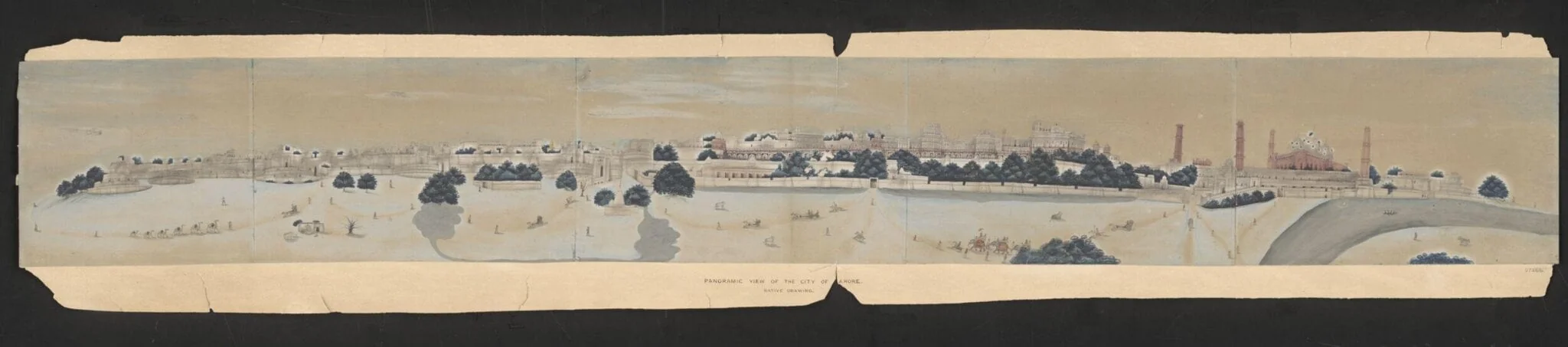 Panoramic view of the city of Lahore showing the Lahore Fort on the right., by Unknown, paint, 1860
