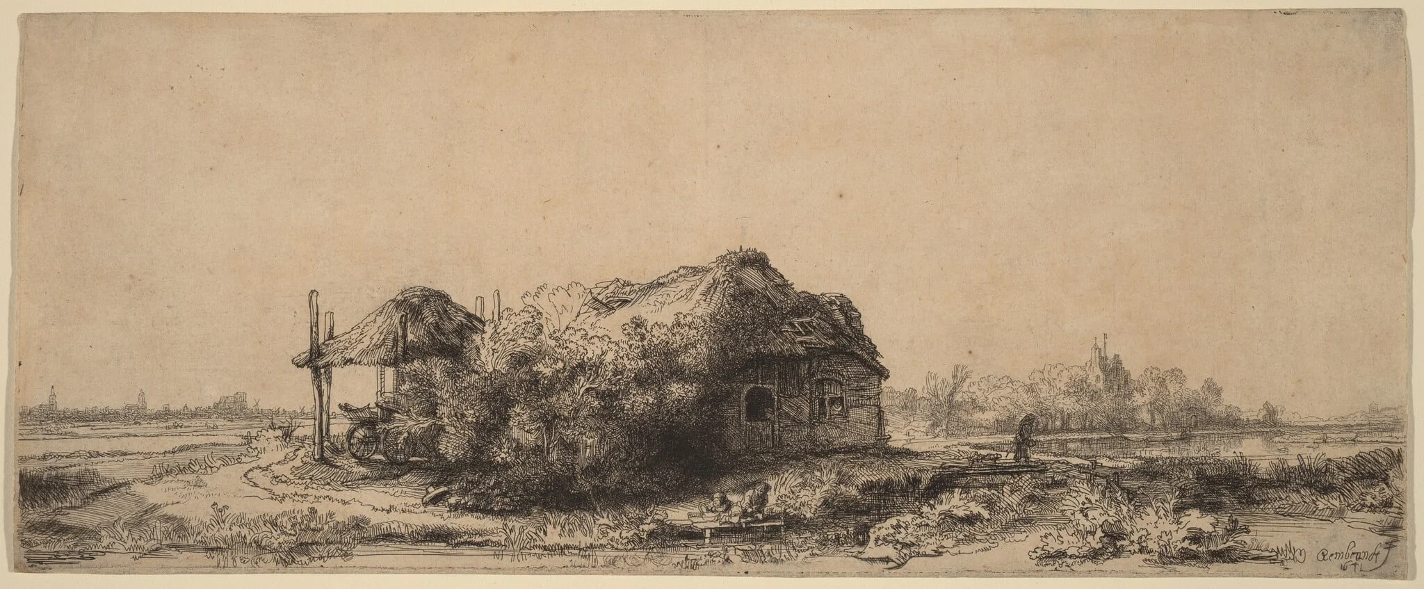 Landscape with a Cottage and Hay Barn: Oblong, by Rembrandt, ink, 1641