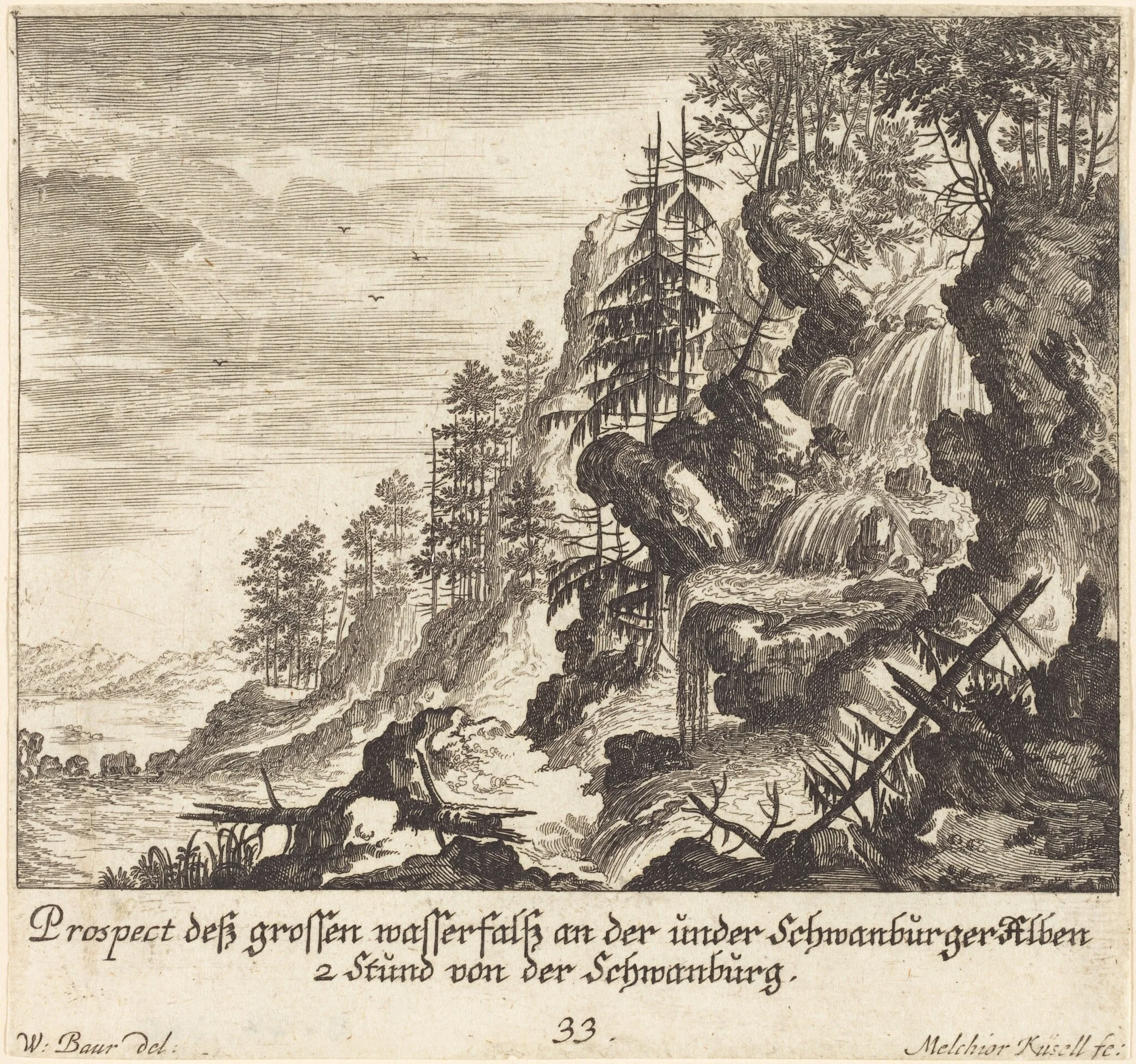Large Waterfall, Schwanburg, by Melchior Küsel, ink, 1681