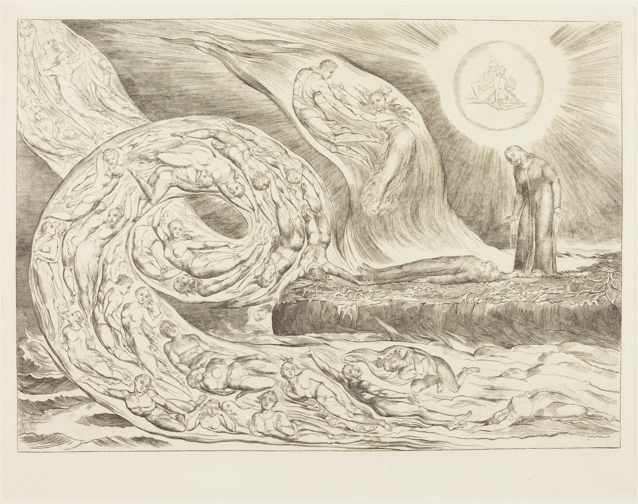 The Circle of the Lustful: Paolo and Francesca, by William Blake, ink, 1827
