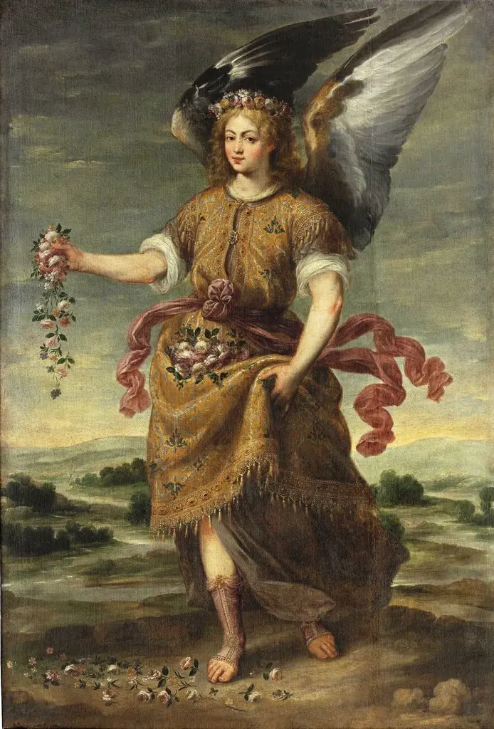 The Archangel Baraquiel scattering flowers
