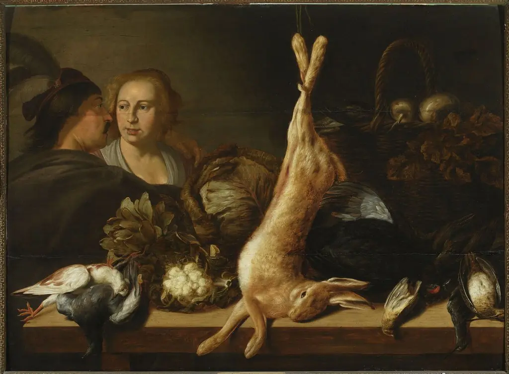 Stand with vegetables and a hare
