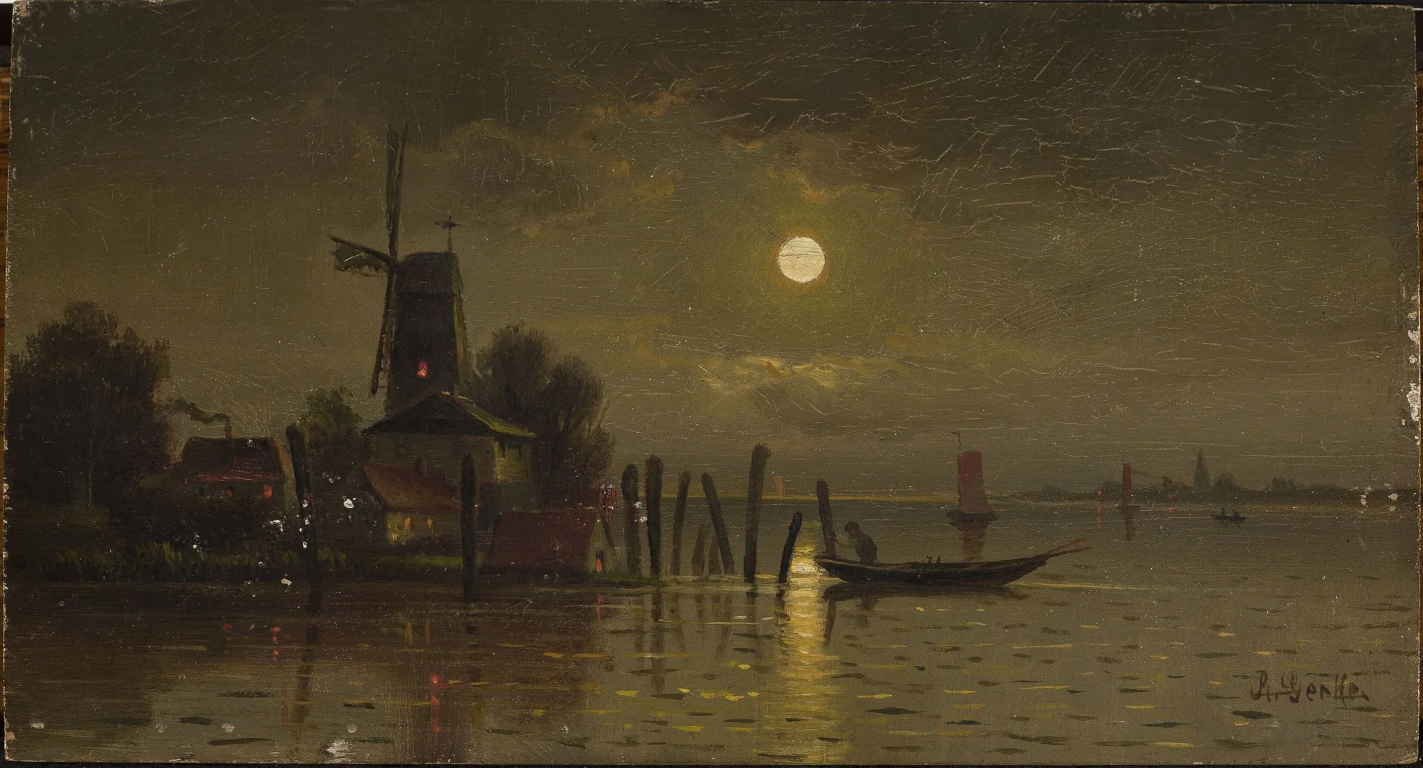 Moonlit night at the lake, by Unknown, oil, 1800