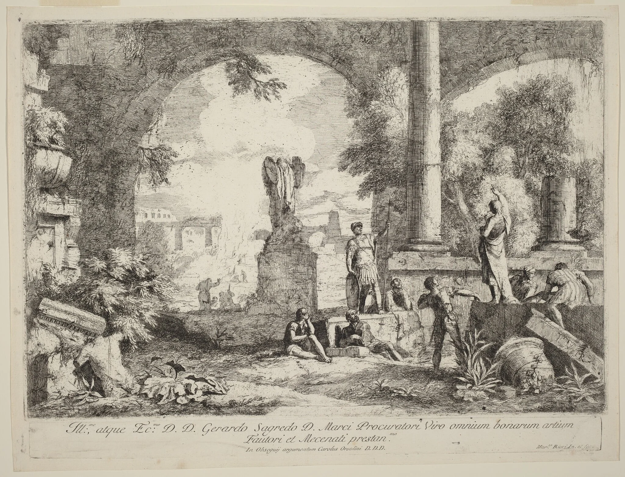Landscape with Classical Ruins, by Marco Ricci, ink, 1724