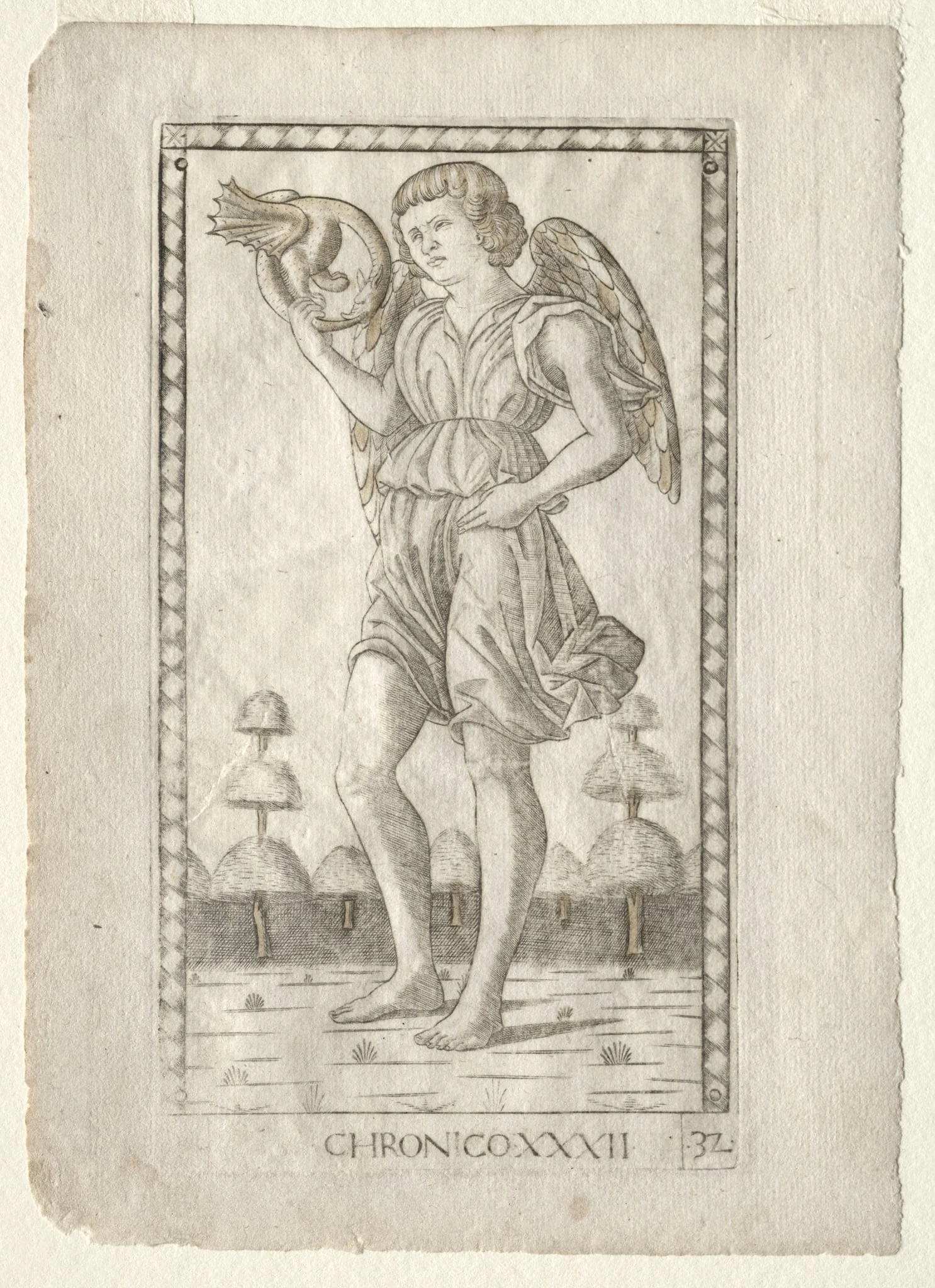 Genius of Time (from the Tarocchi, series B: Cosmic Principles & Virtues, #32), by Master of the E-Series Tarocchi, 1467