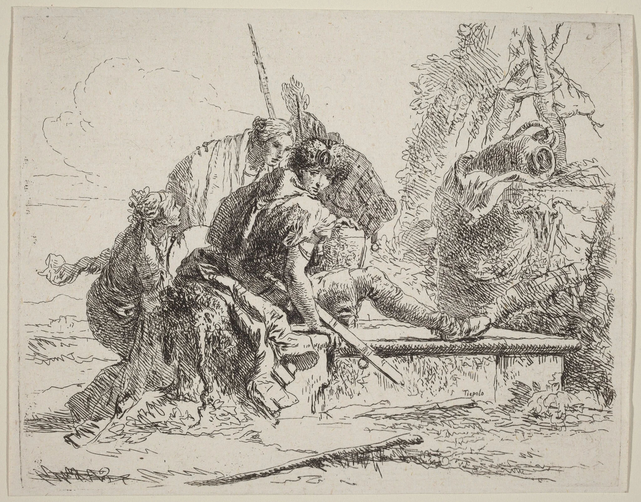 Soldier Seated on a Tomb with Surrounding Figures, by Giovanni Battista Tiepolo, ink, 1785