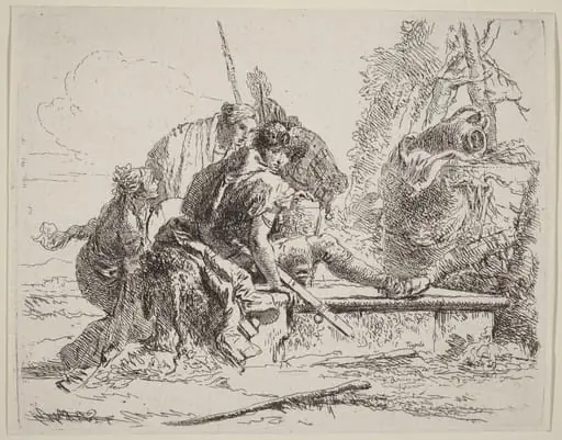 Soldier Seated on a Tomb with Surrounding Figures