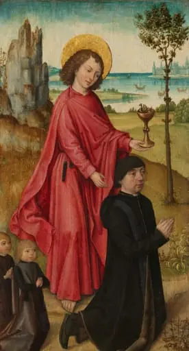 A Donor and his two Sons with Saint John the Evangelist, inner left wing of a triptych