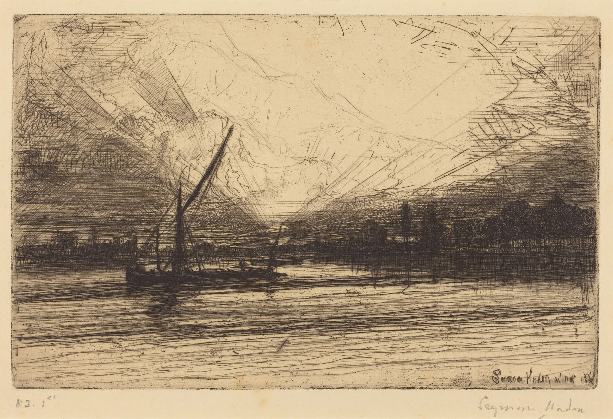 Sunset on the Thames, by Francis Seymour Haden, ink, 1865