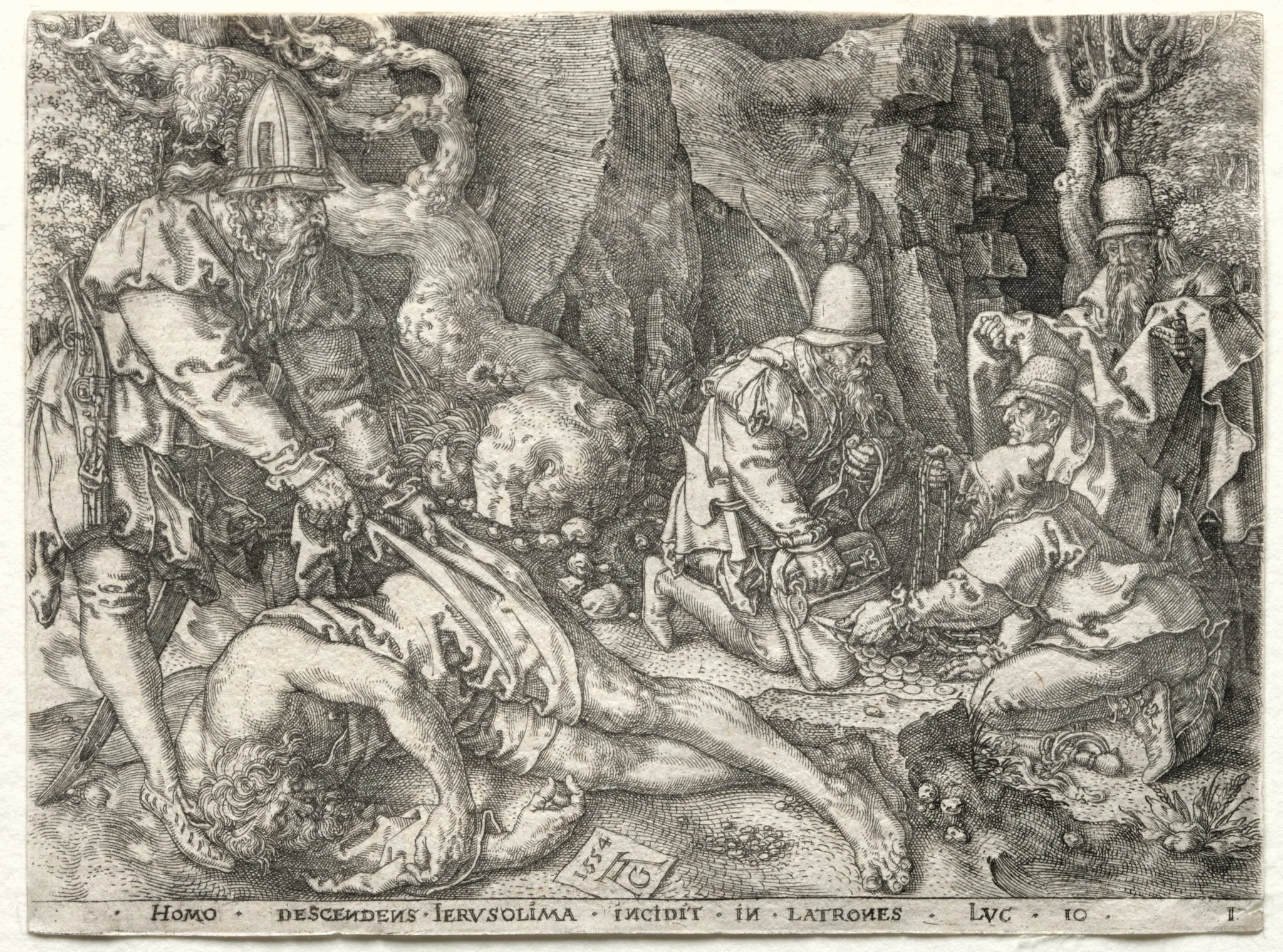 The Parable of the Good Samaritan: The Robbers Attacking the Travelers, by Heinrich Aldegrever, 1554