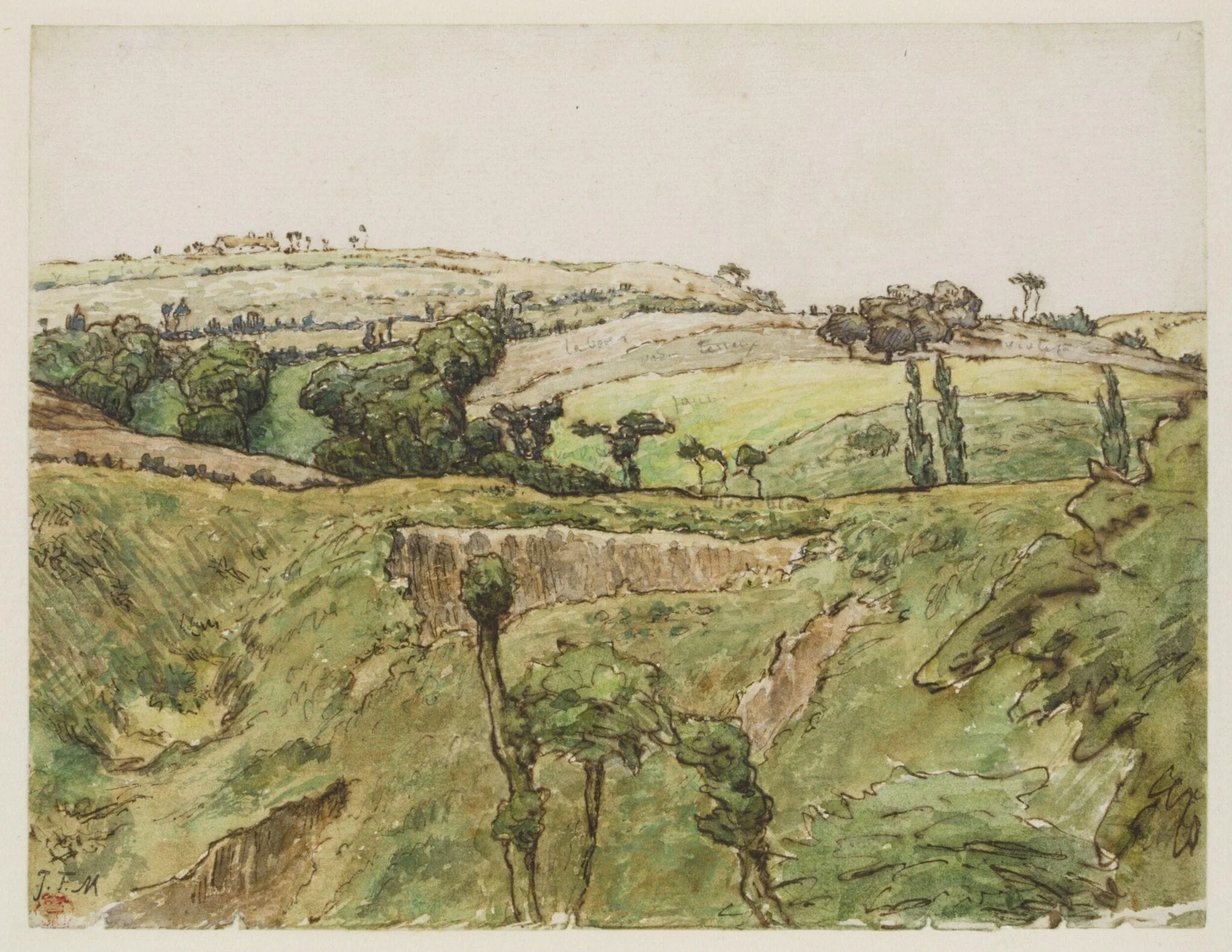 A hilly landscape with trees, by Jean François Millet, watercolor, 1867