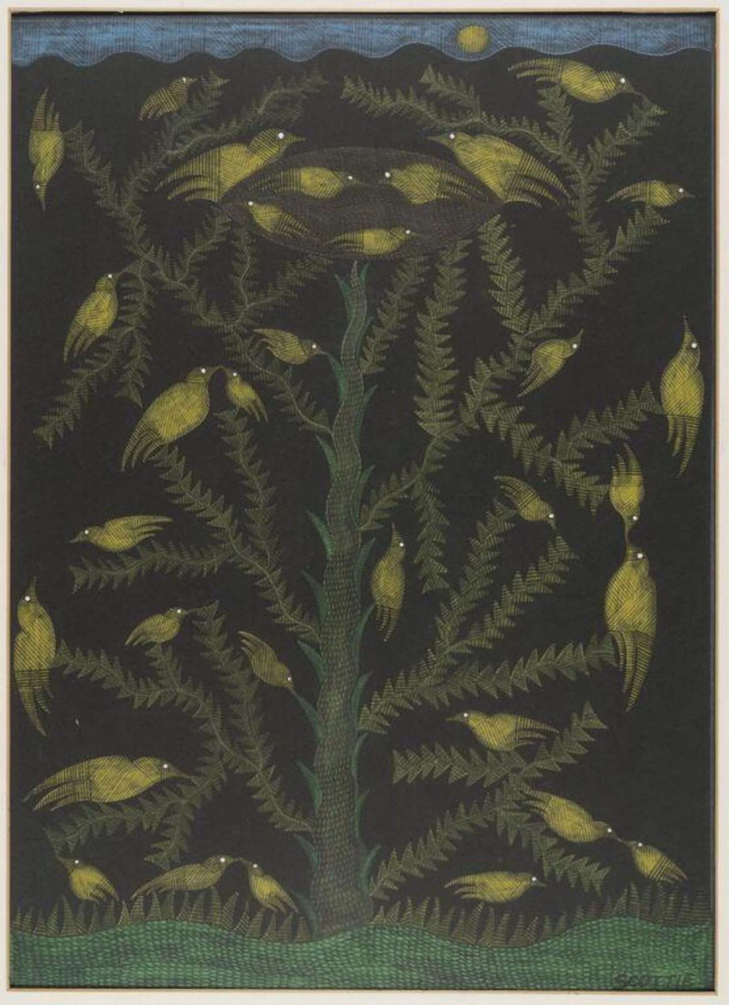 Birds in a tree, by Scottie Wilson, 1938