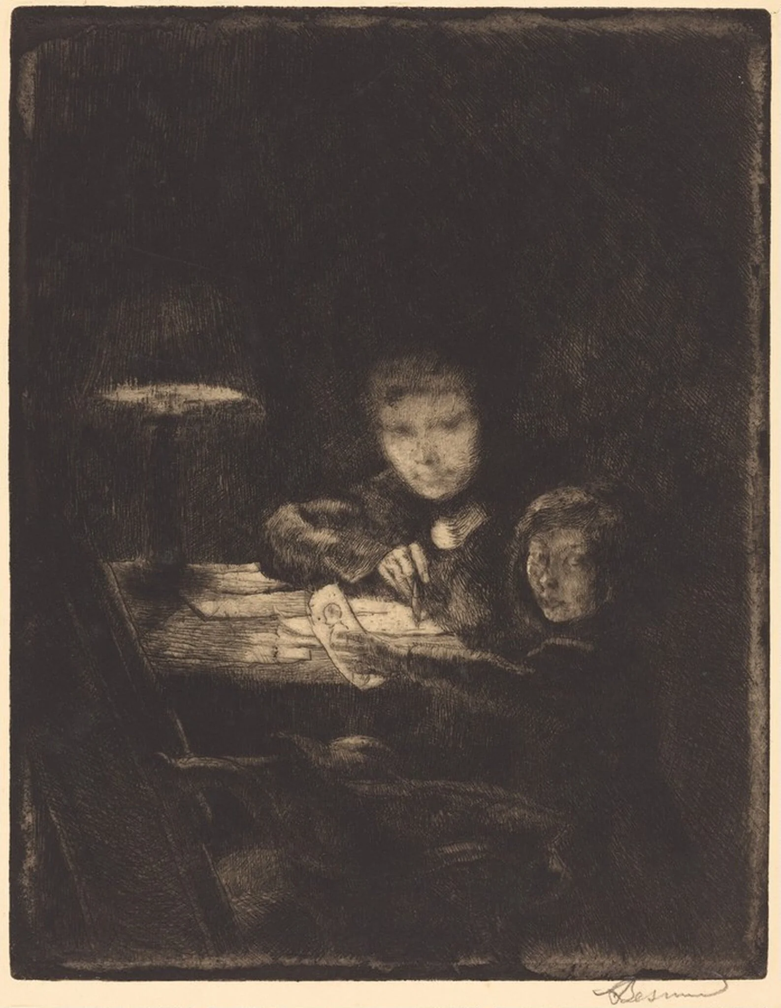 By the Lamp (Sous la Lampe), by Paul-Albert Besnard, ink, 1926