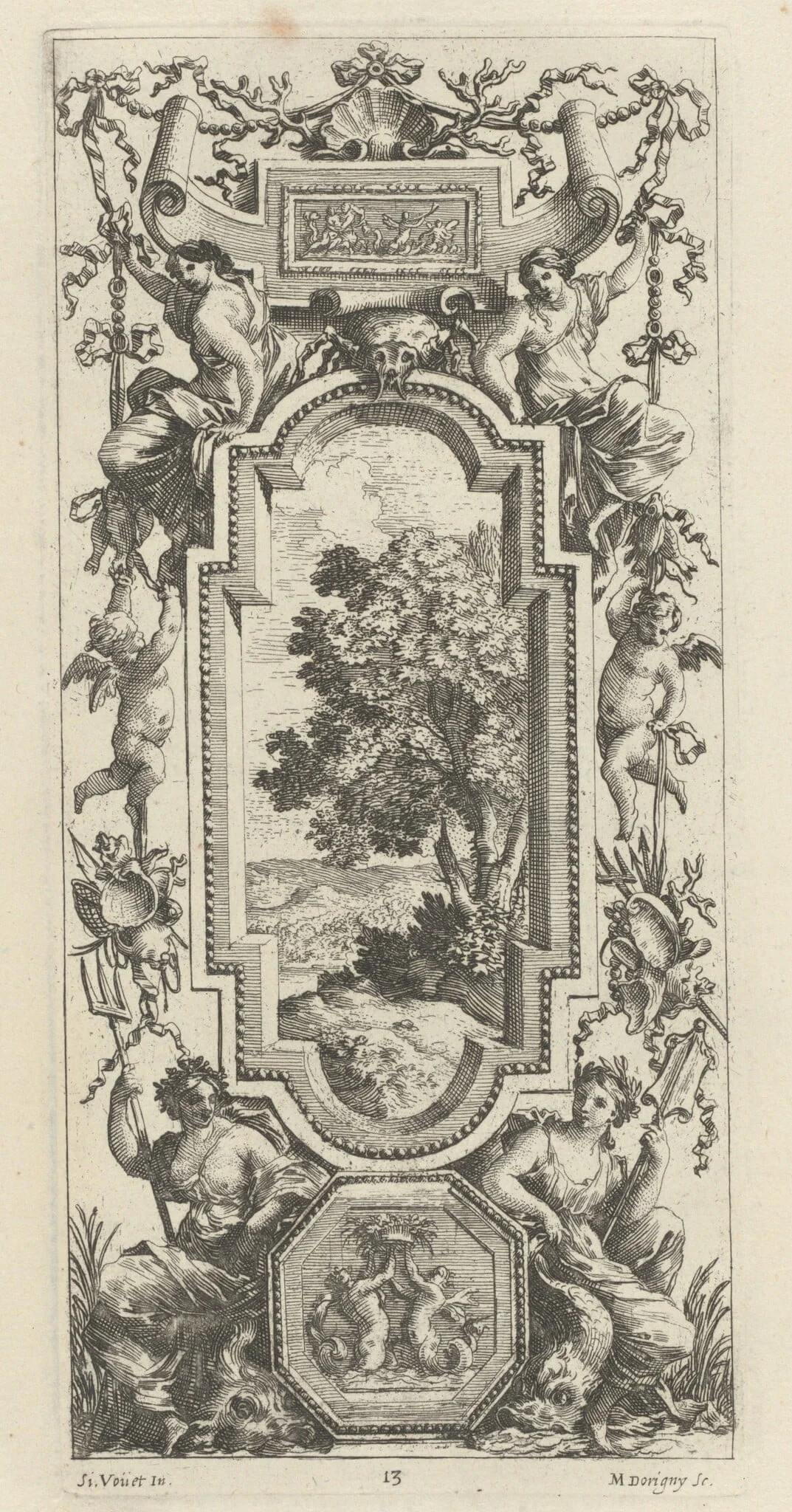 Ornamental Panel Surmounted by a Maritime Scene and a Shell, by Michel Dorigny, ink, 1647