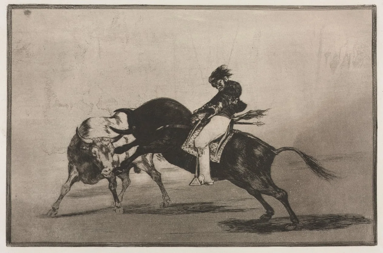 Bullfights:  The Same Ceballos Mounted on Another Bull Breaks Short Spears in the Ring at Madrid, by Francisco Goya, 1816