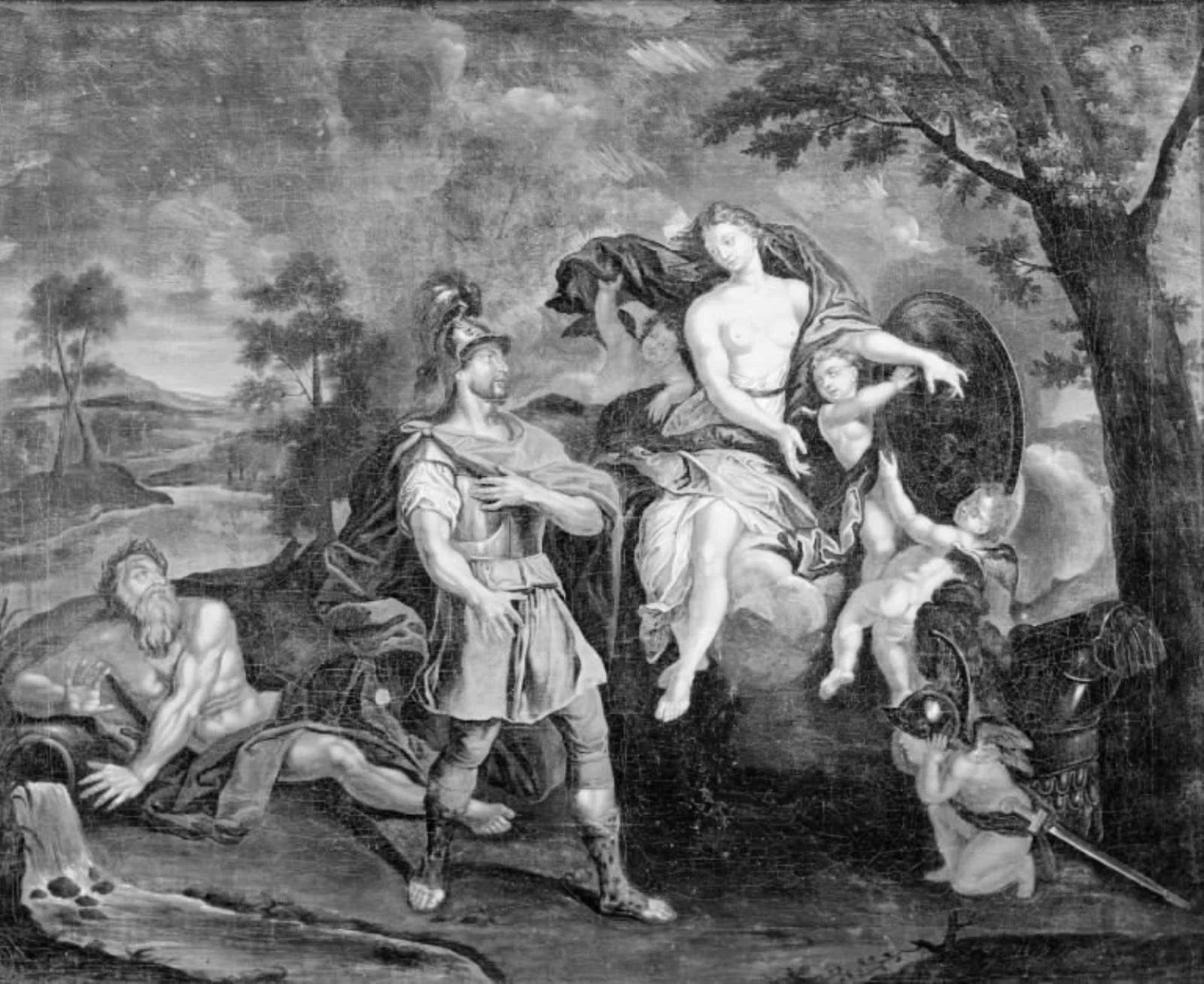 Mars synes at forsikre den i skyer siddende Venus om sin kærlighed. Imidlertid leger amoriner med hans våben, by Unknown, oil