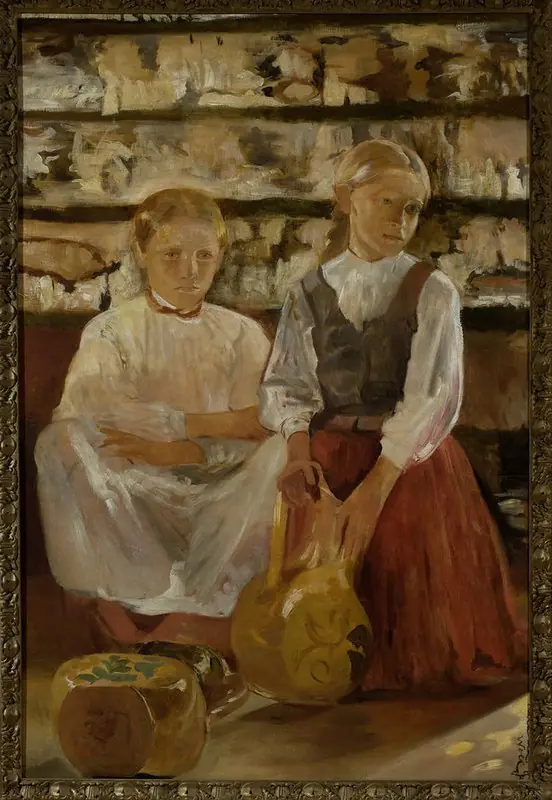 Two girls with a pitcher