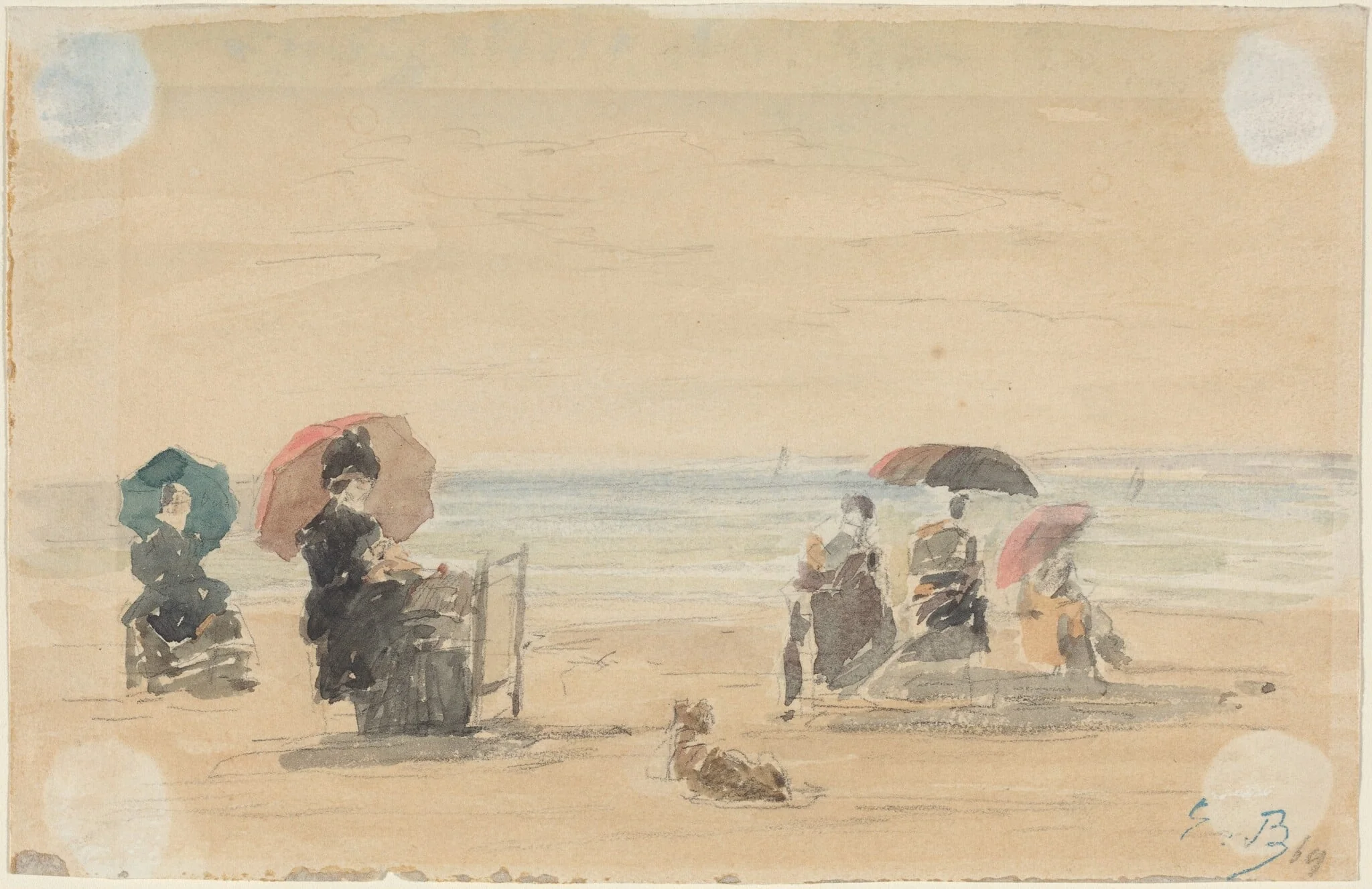 Sun-Shades, Trouville, by Eugène Boudin, graphite, 1869