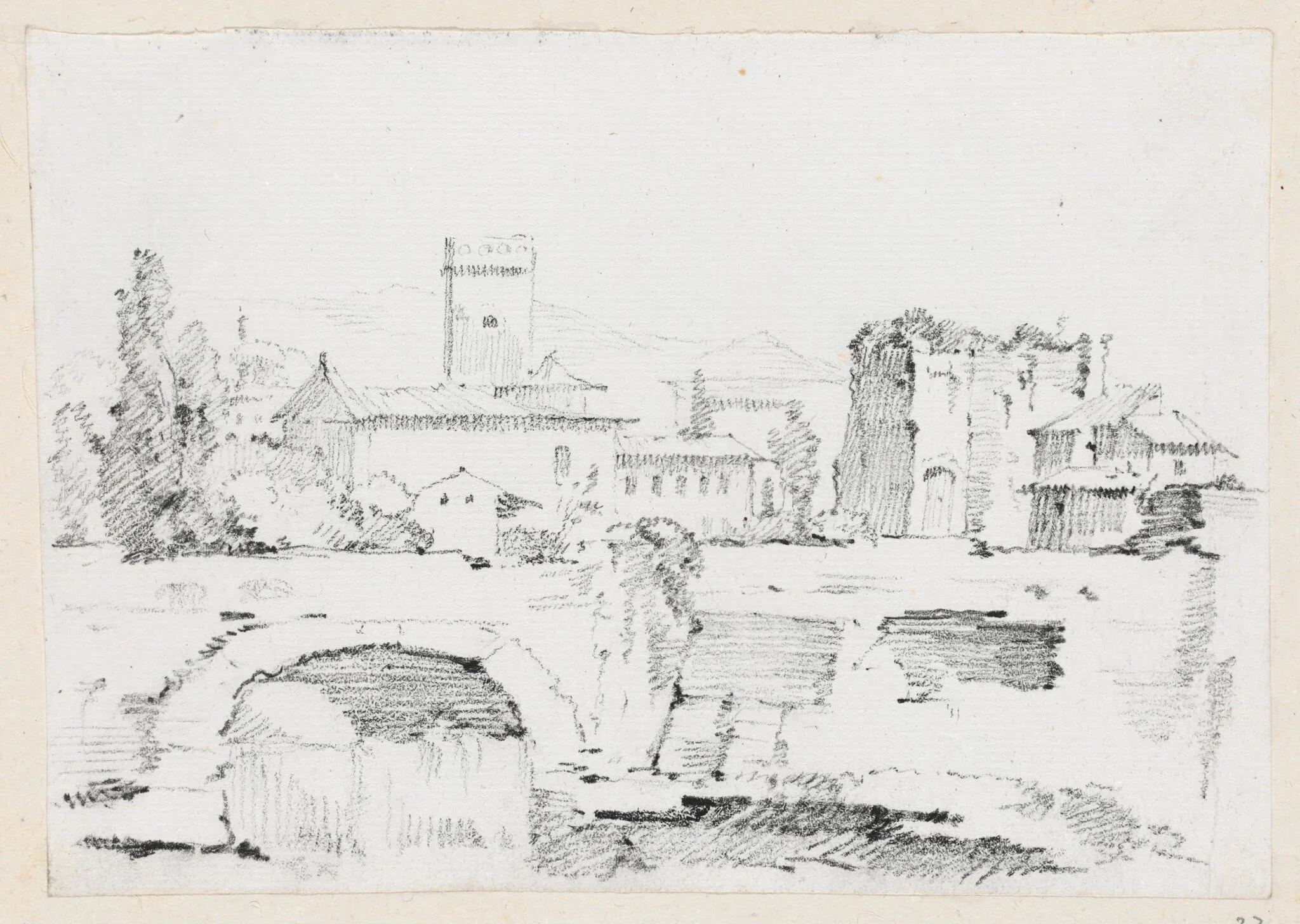 An Italian Town with a Stone Bridge and a Waterfall, by Joseph-Marie Vien, graphite, 1747
