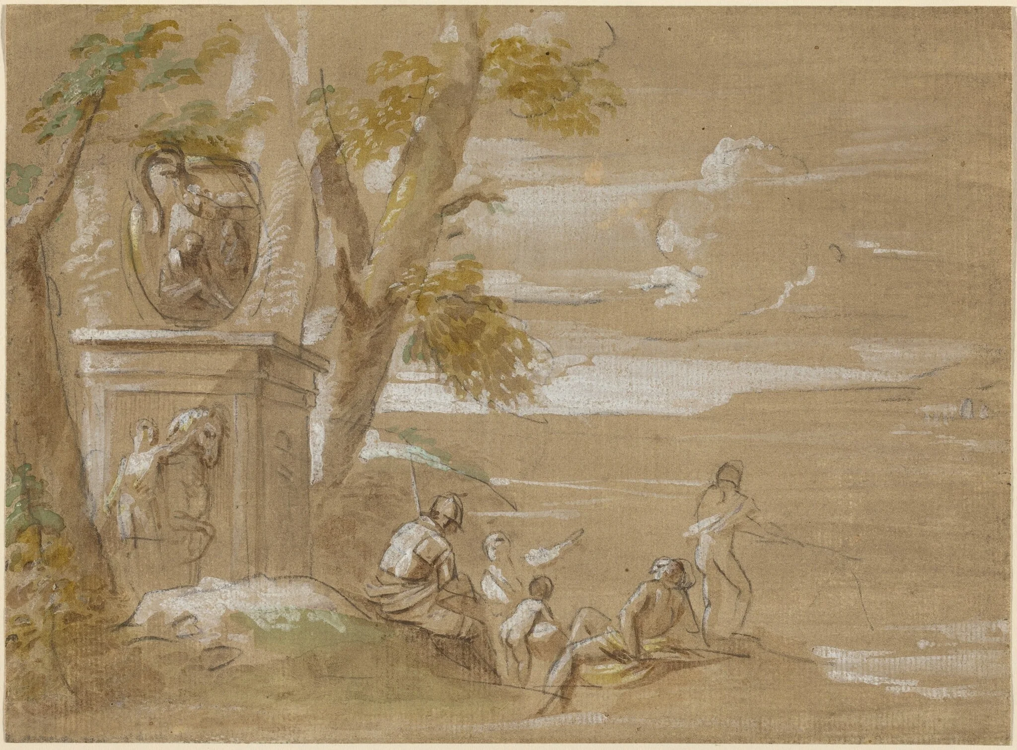 A Landscape with Seated Soldiers and Fishermen, by Antonio Visentini, chalk, 1735